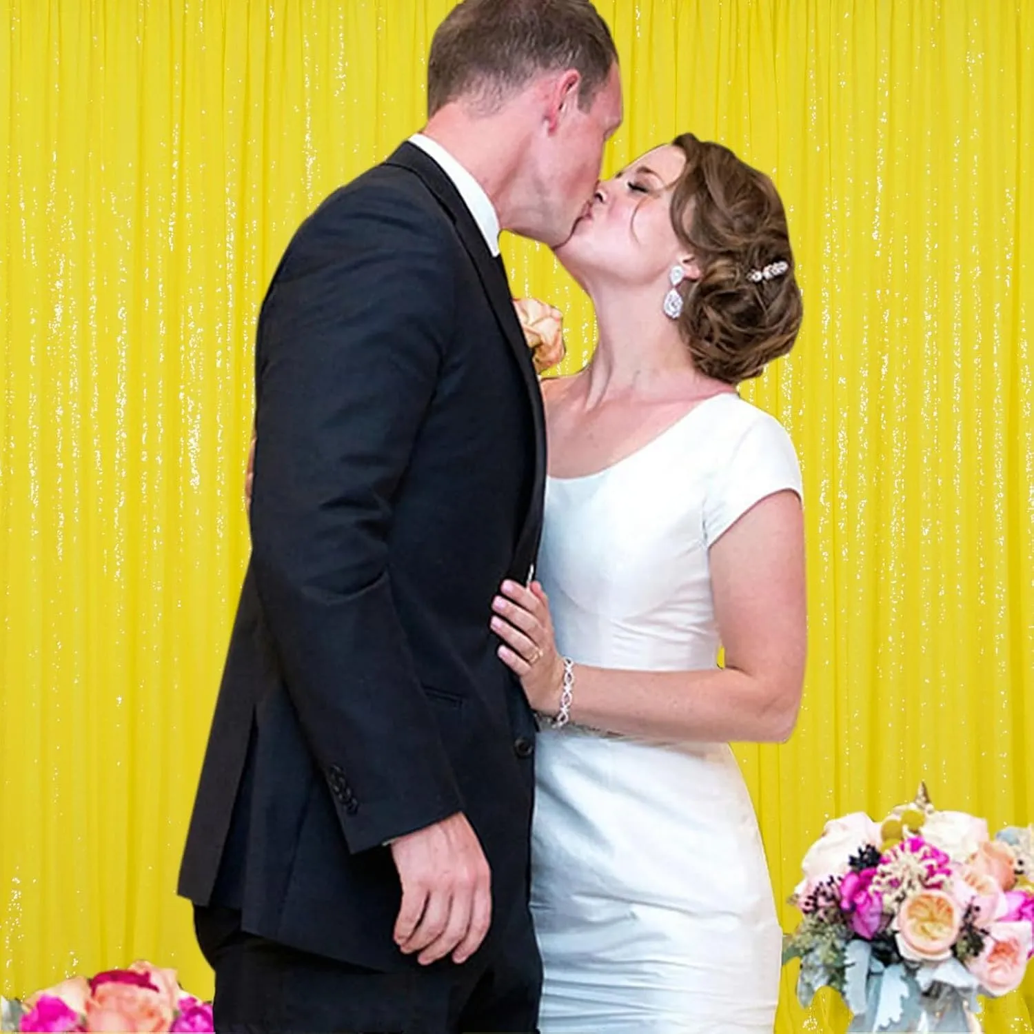 ShinyBeauty Yellow Backdrop Curtain Sequin Curtains 2 Panels 2FTx8FT Window Curtains Glitter Backdrop Curtains Yellow Sequin Photo Backdrop Shower Curtain Panels