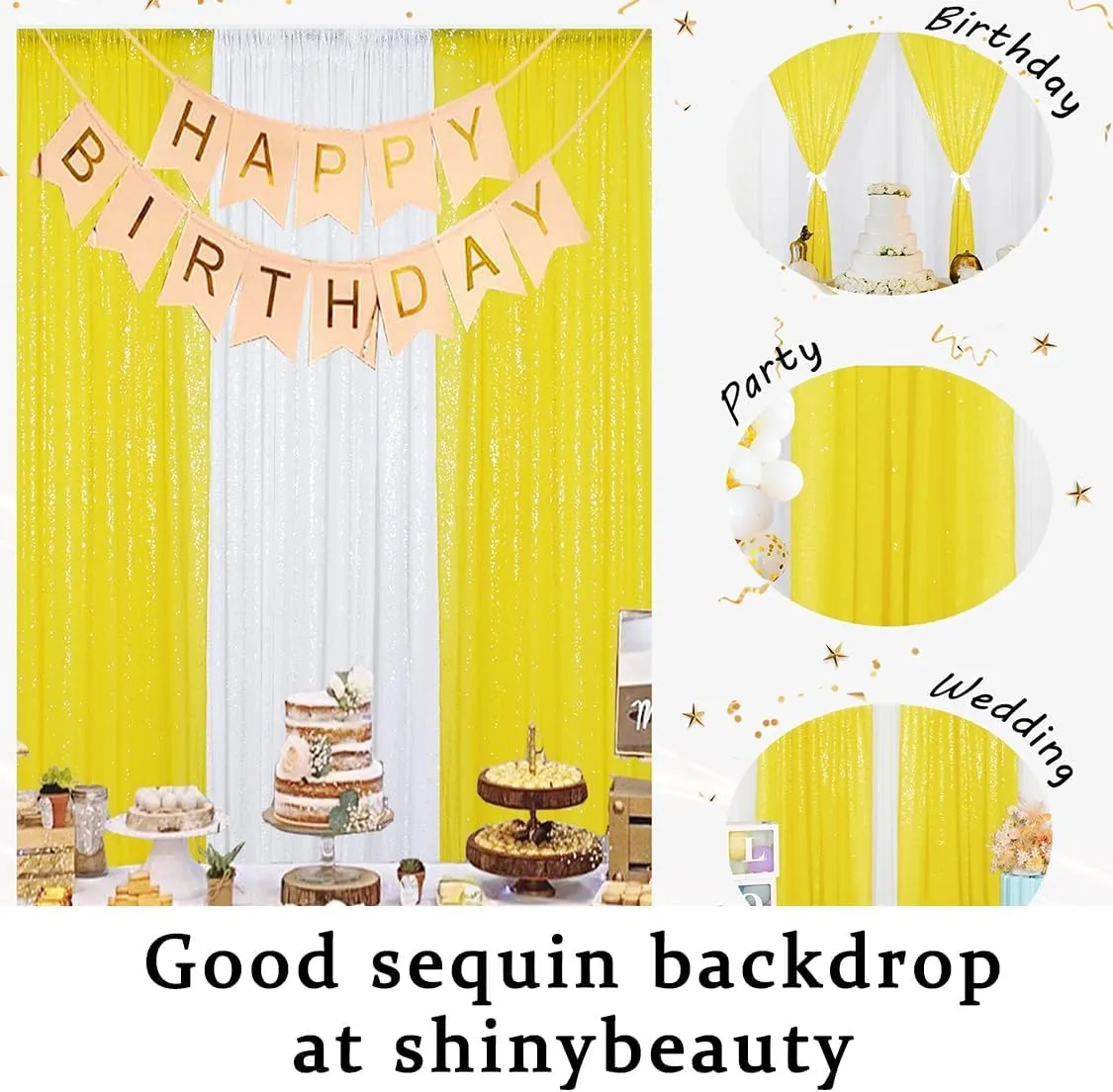 ShinyBeauty Yellow Backdrop Curtain Sequin Curtains 2 Panels 2FTx8FT Window Curtains Glitter Backdrop Curtains Yellow Sequin Photo Backdrop Shower Curtain Panels