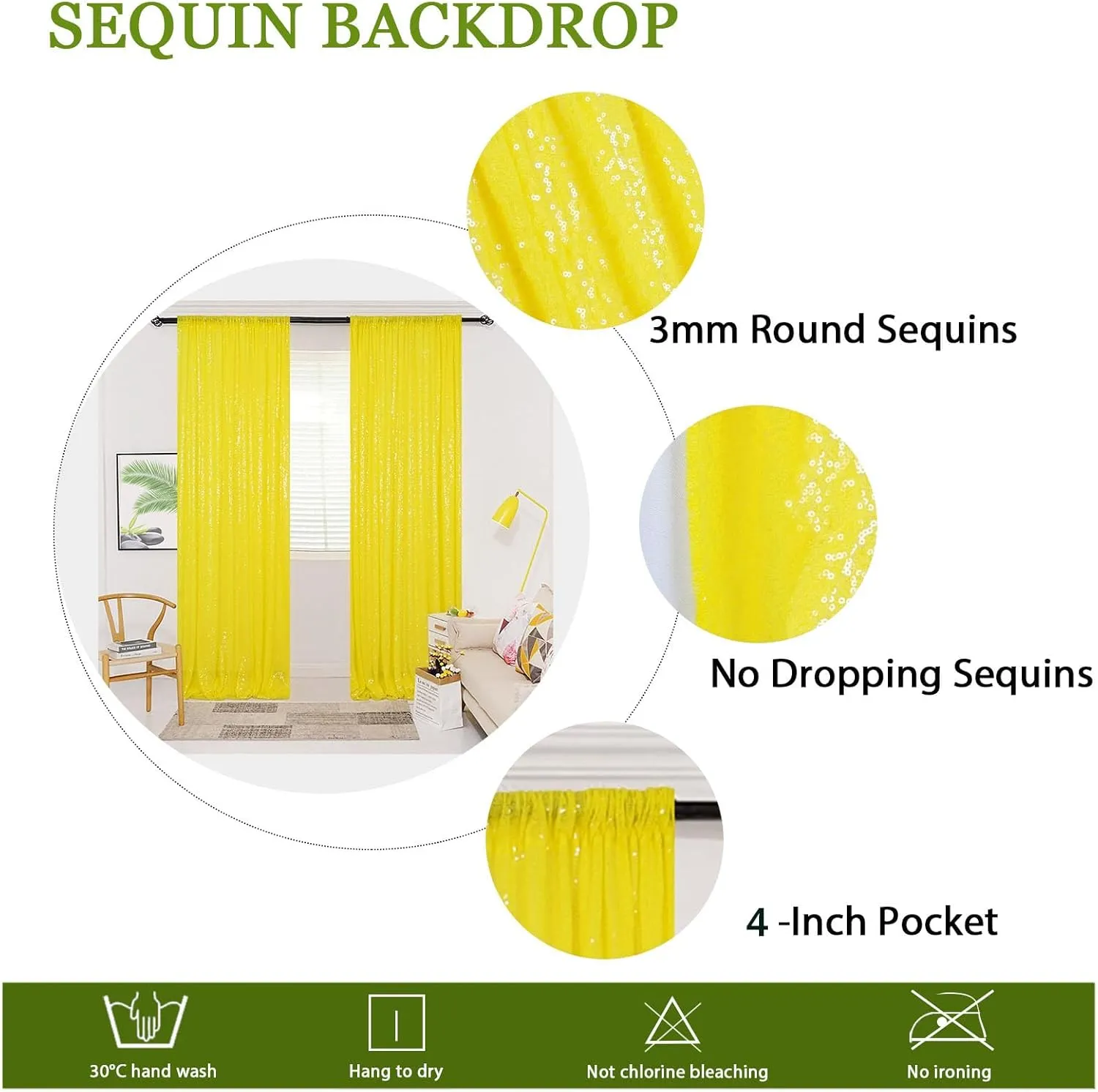ShinyBeauty Yellow Backdrop Curtain Sequin Curtains 2 Panels 2FTx8FT Window Curtains Glitter Backdrop Curtains Yellow Sequin Photo Backdrop Shower Curtain Panels