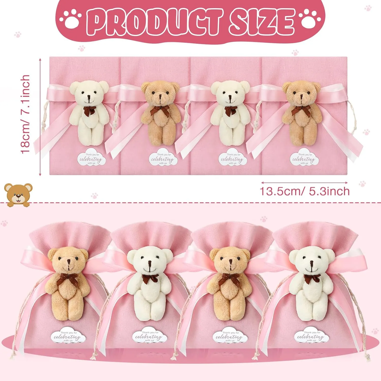 Shinylin 24 Pcs Gift Bags for Baby Shower 5.3 x 7.1 Inch Cute Plush Bear Party Favor Linen Drawstring Bag for Guest Bulk with Bear and Thank You Acrylic Sign Baby Shower Party Supplies(Pink)