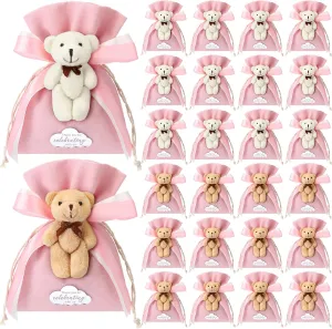 Shinylin 24 Pcs Gift Bags for Baby Shower 5.3 x 7.1 Inch Cute Plush Bear Party Favor Linen Drawstring Bag for Guest Bulk with Bear and Thank You Acrylic Sign Baby Shower Party Supplies(Pink)