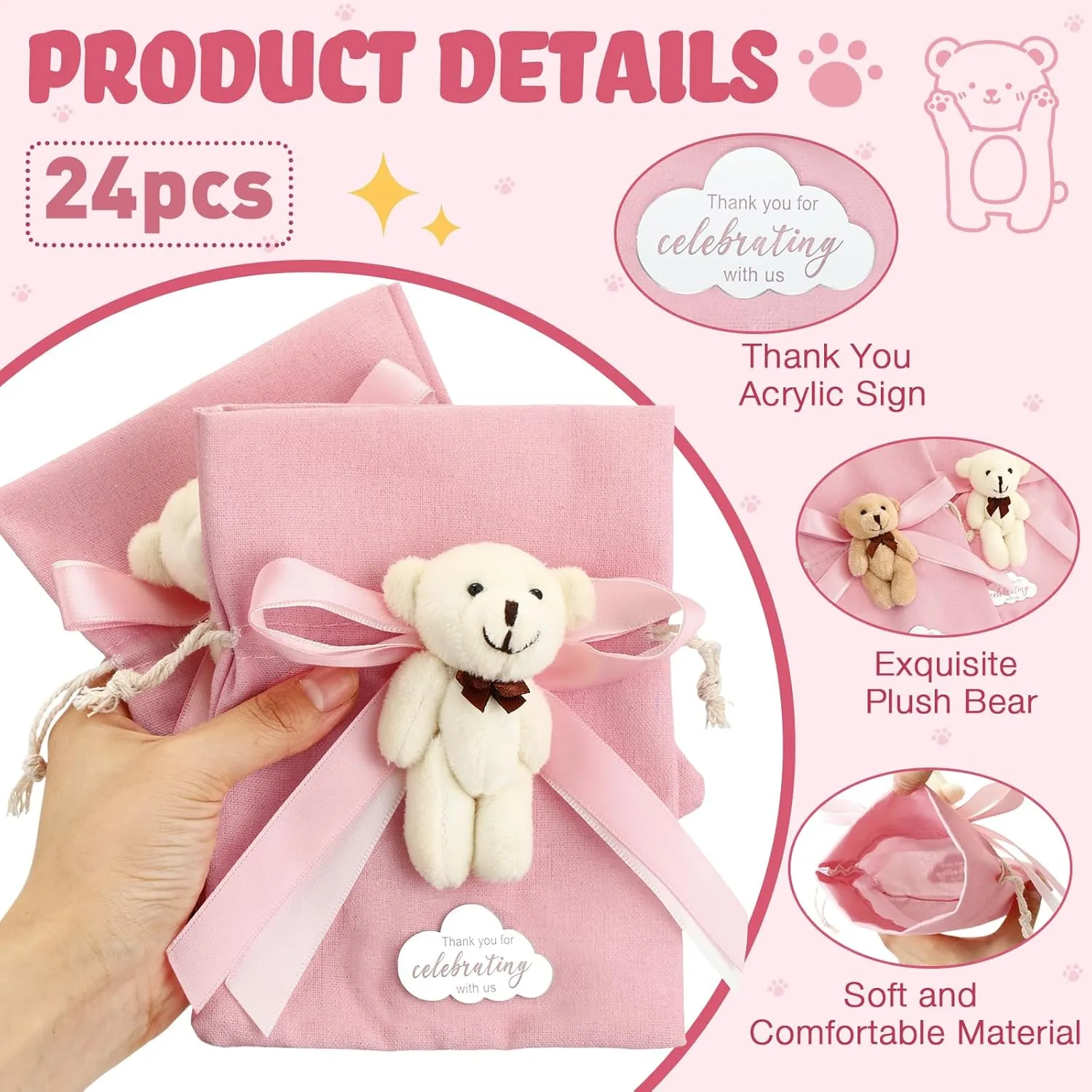 Shinylin 24 Pcs Gift Bags for Baby Shower 5.3 x 7.1 Inch Cute Plush Bear Party Favor Linen Drawstring Bag for Guest Bulk with Bear and Thank You Acrylic Sign Baby Shower Party Supplies(Pink)