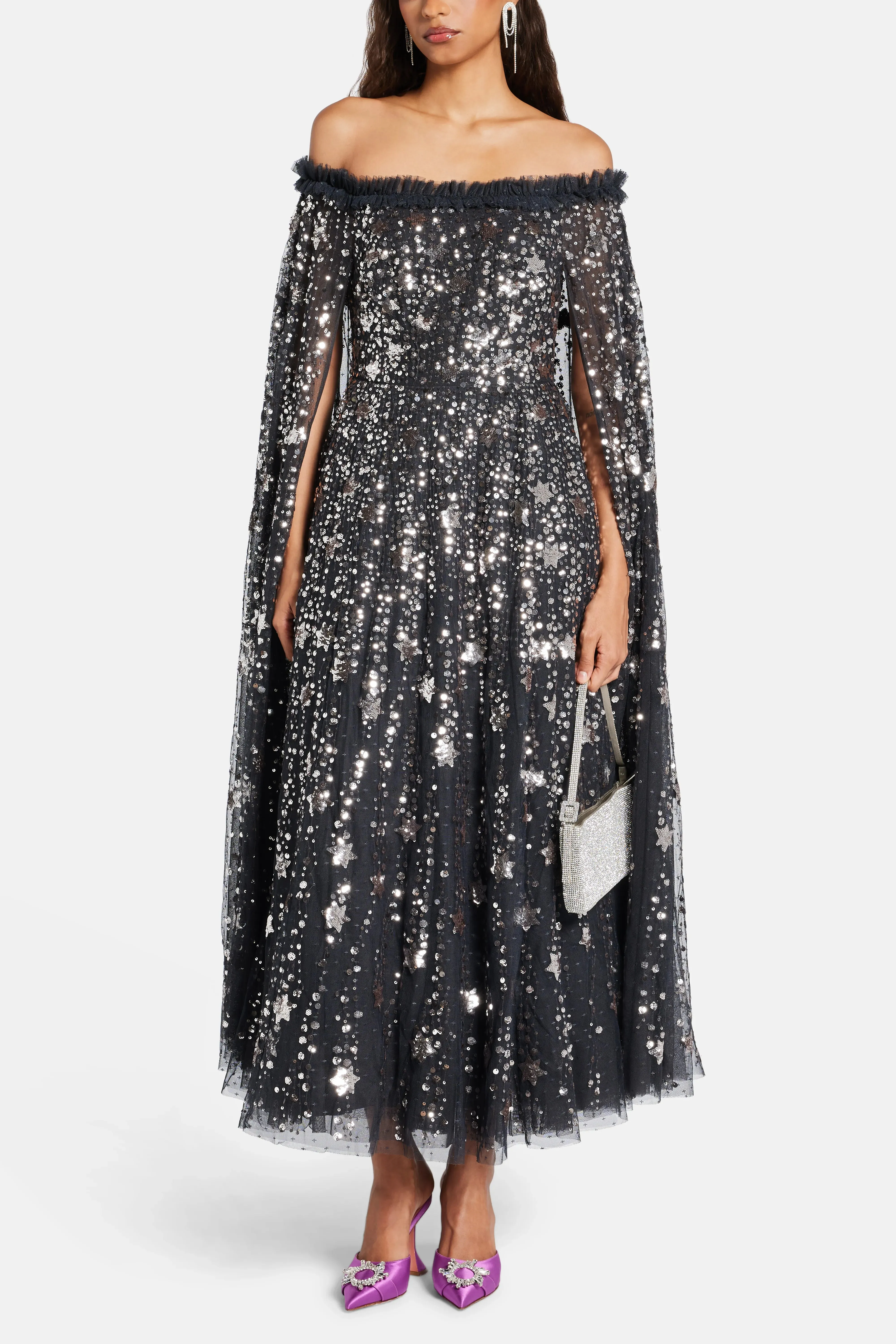 Shooting Stars Sequin Cape Evening Dress