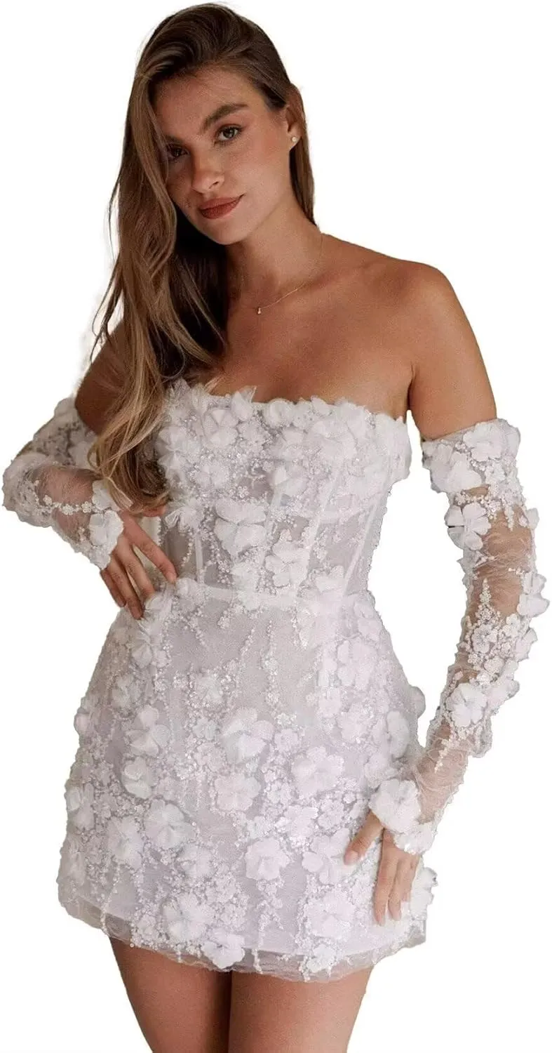Short Wedding Dresses for Bride Beach Lace Boho Mini Bridal Dress Wedding Gown