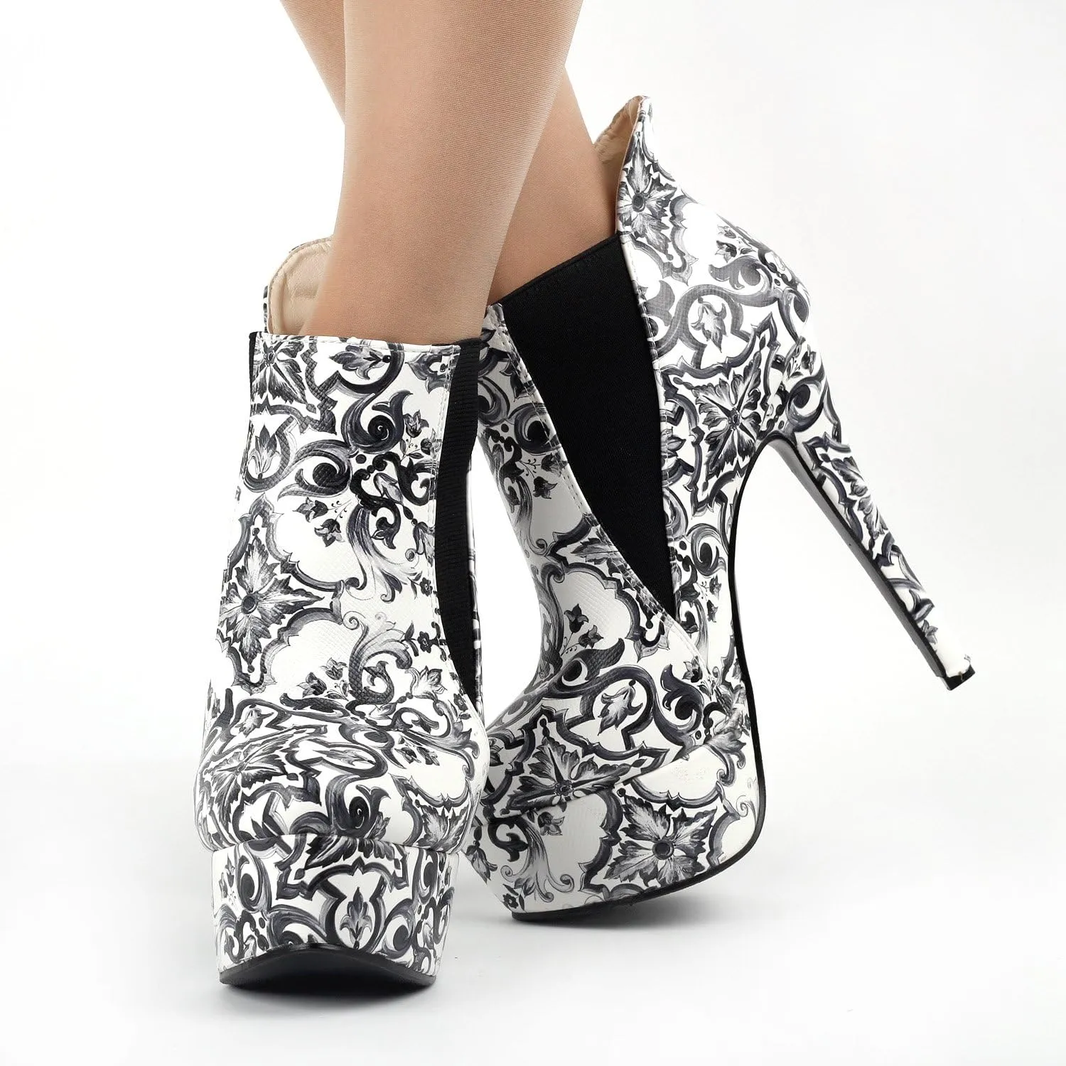 SHOW STORY Blue And White Porcelain Platform Stiletto Ankle Boot Bootie,LF80843