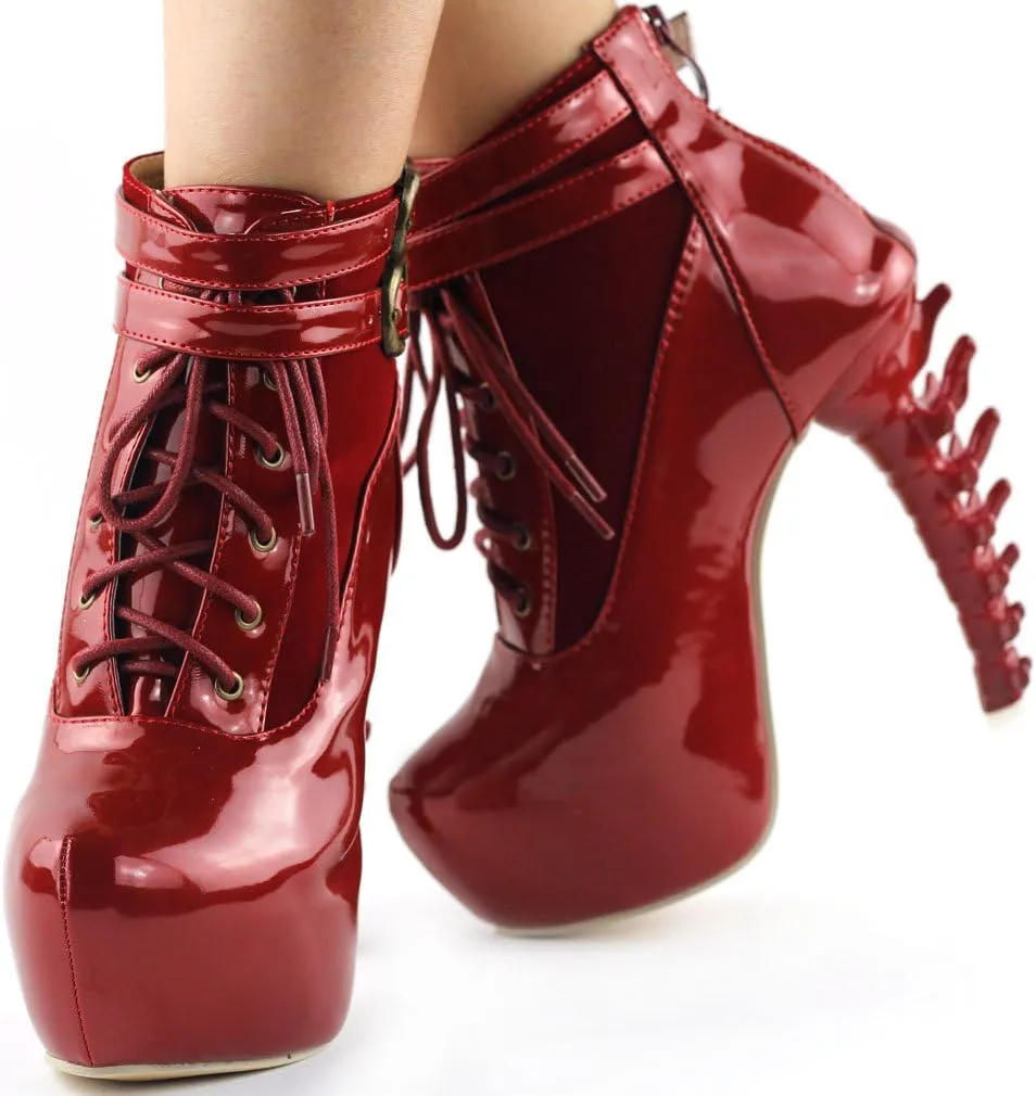SHOW STORY Lace Up Buckle High-top Bone High Heel Platform Ankle Boots,LF40601