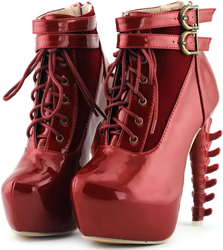 SHOW STORY Lace Up Buckle High-top Bone High Heel Platform Ankle Boots,LF40601