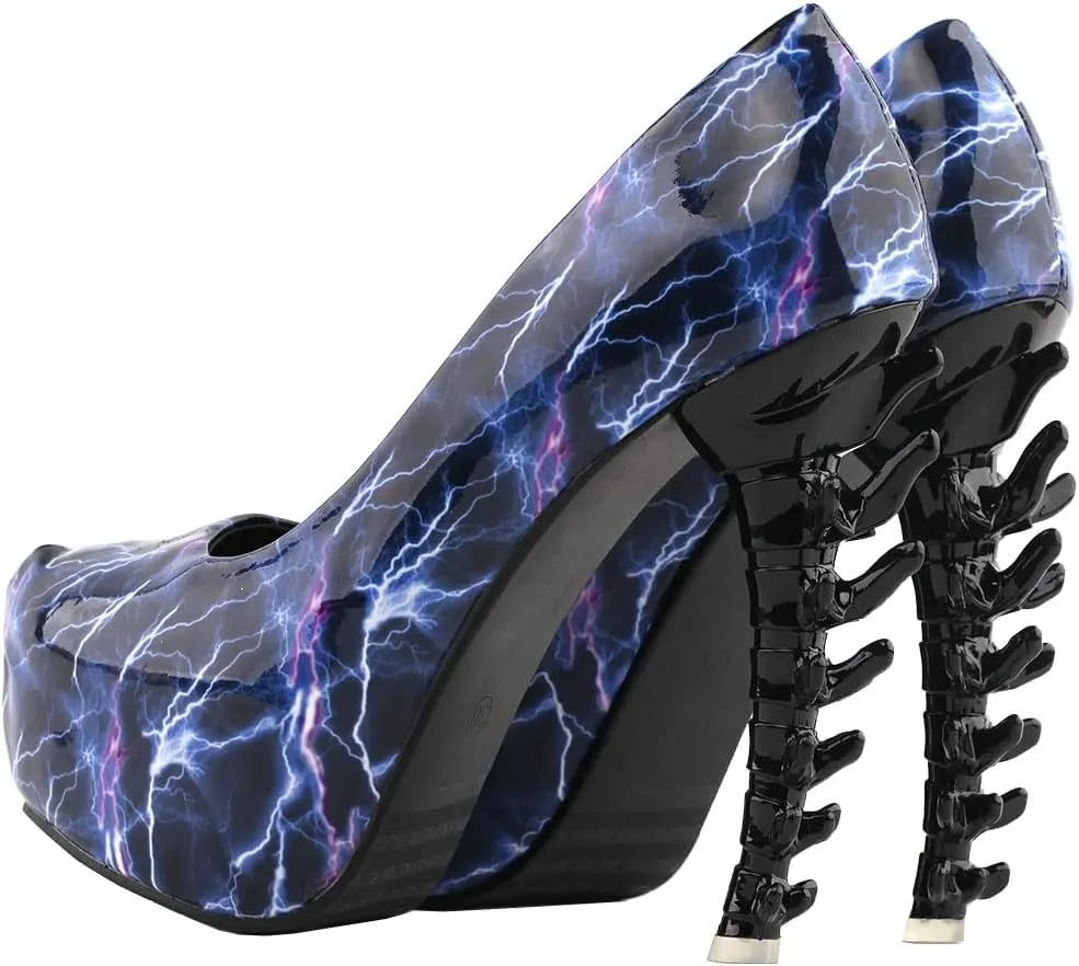 SHOW STORY Ladies Skull Rose Print Platform Bone Heel Party Club Pumps,LF80610