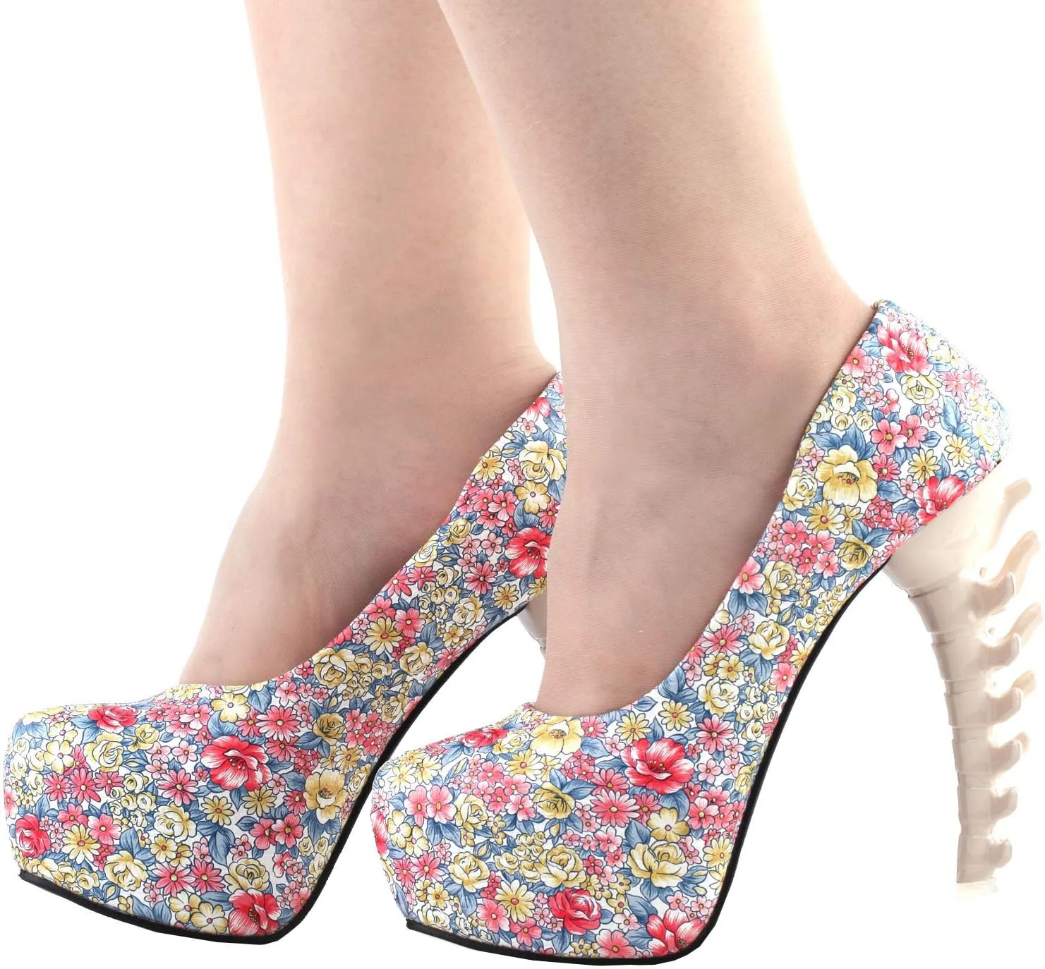 SHOW STORY Ladies Skull Rose Print Platform Bone Heel Party Club Pumps,LF80610