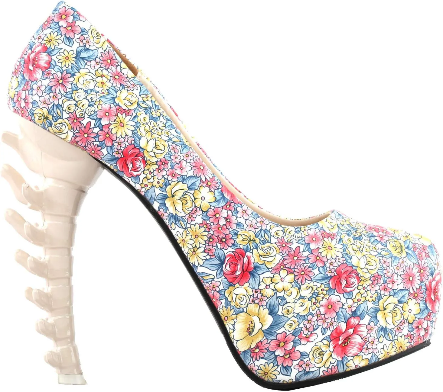 SHOW STORY Ladies Skull Rose Print Platform Bone Heel Party Club Pumps,LF80610