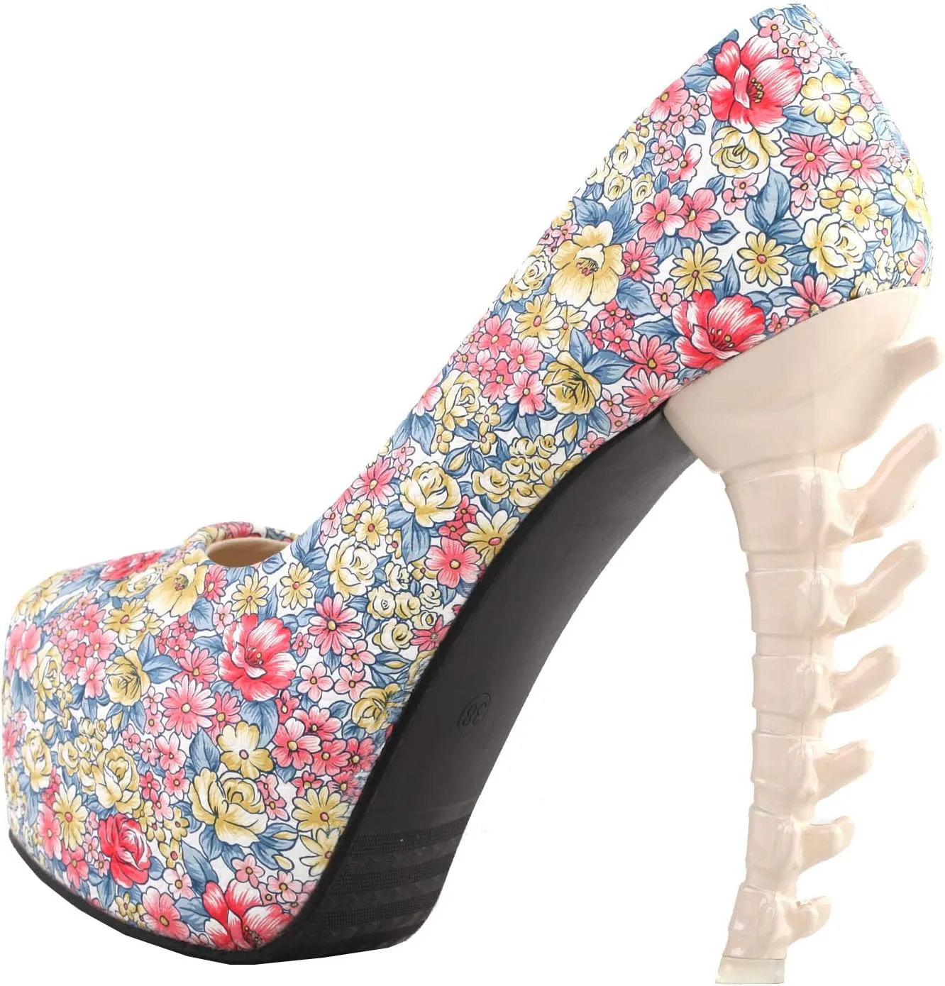 SHOW STORY Ladies Skull Rose Print Platform Bone Heel Party Club Pumps,LF80610
