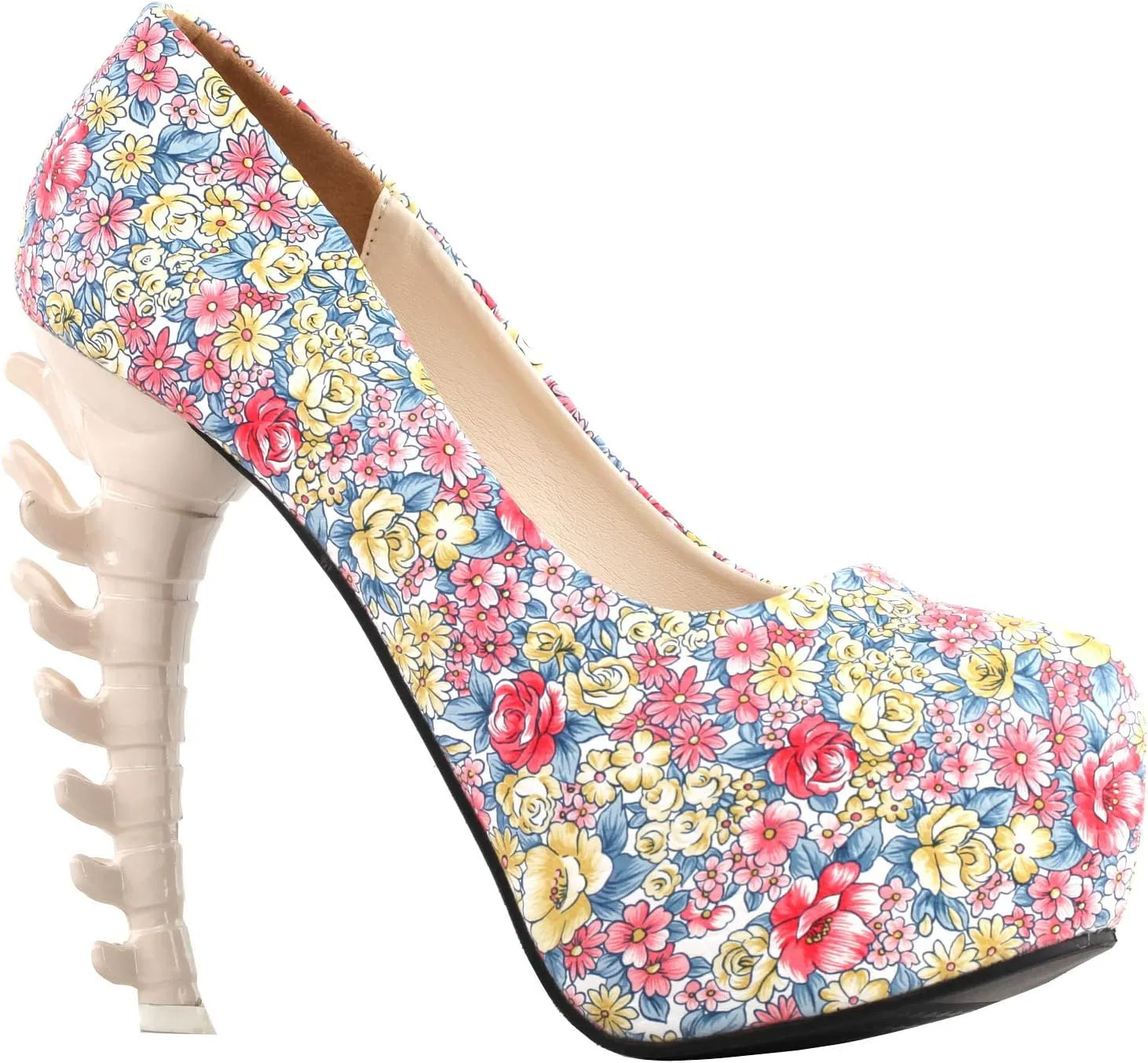 SHOW STORY Ladies Skull Rose Print Platform Bone Heel Party Club Pumps,LF80610