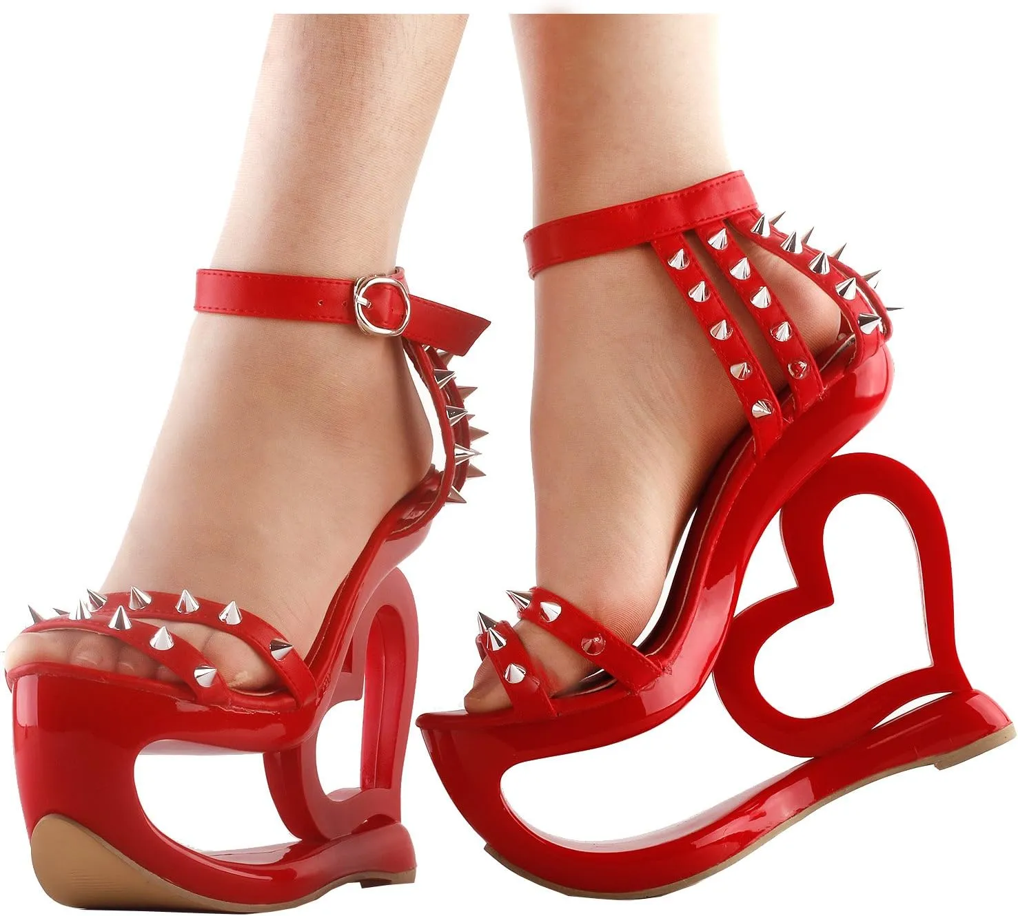 SHOW STORY Punk Black Spikes Strappy Heart Heel Wedge Evening Sandals,LF40204