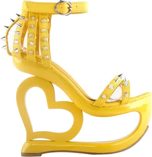 SHOW STORY Punk Black Spikes Strappy Heart Heel Wedge Evening Sandals,LF40204