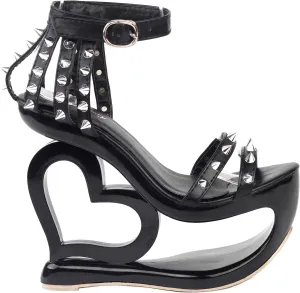 SHOW STORY Punk Black Spikes Strappy Heart Heel Wedge Evening Sandals,LF40204