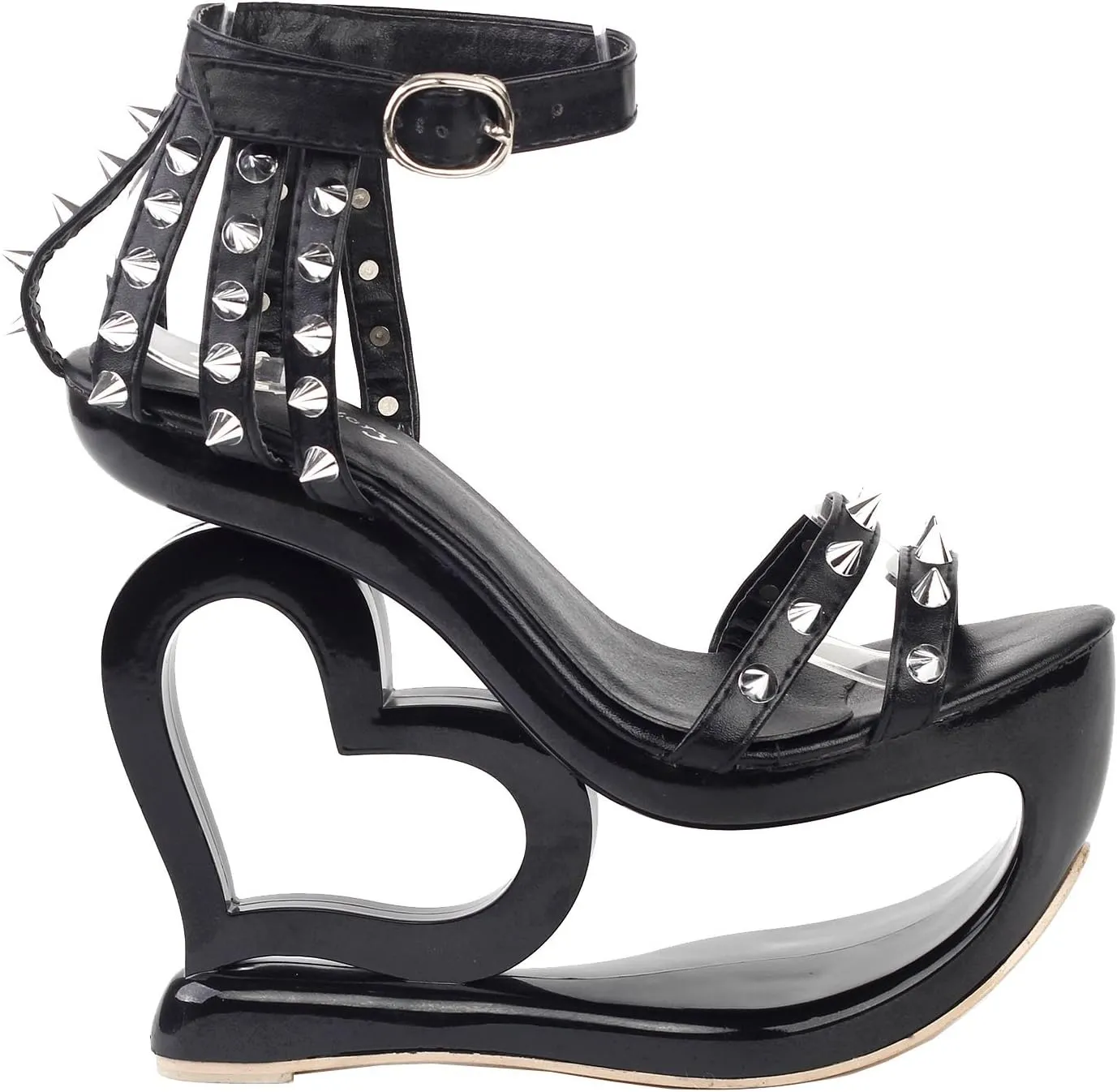 SHOW STORY Punk Black Spikes Strappy Heart Heel Wedge Evening Sandals,LF40204