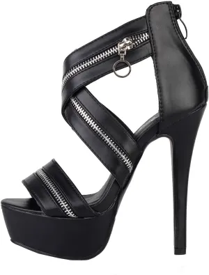 SHOW STORY Punk Black X-Strap Zip Gothic Platform Stiletto Heel Sandals,LF80101