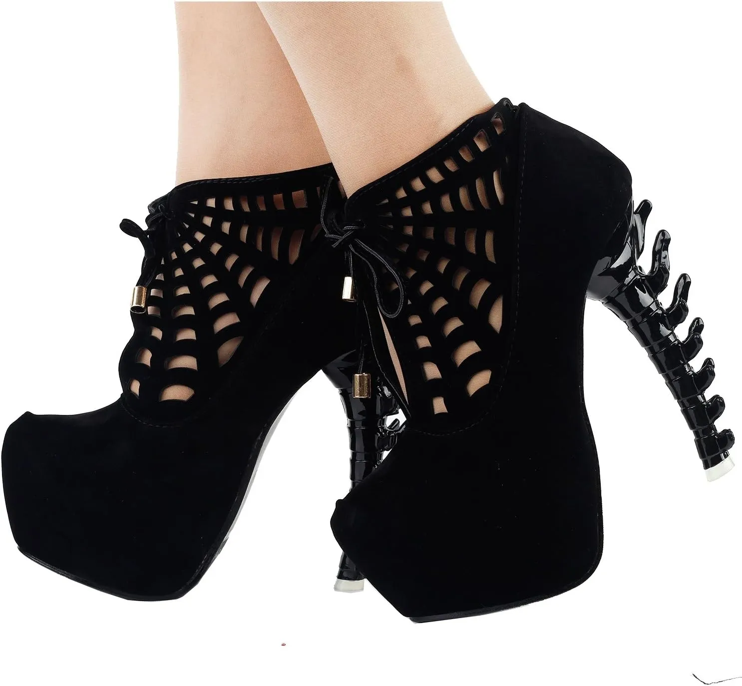 SHOW STORY Punk Black/Grey Spider Web Lace-Up Platform Bone Heel Ankle Boot Bootie,LF80643