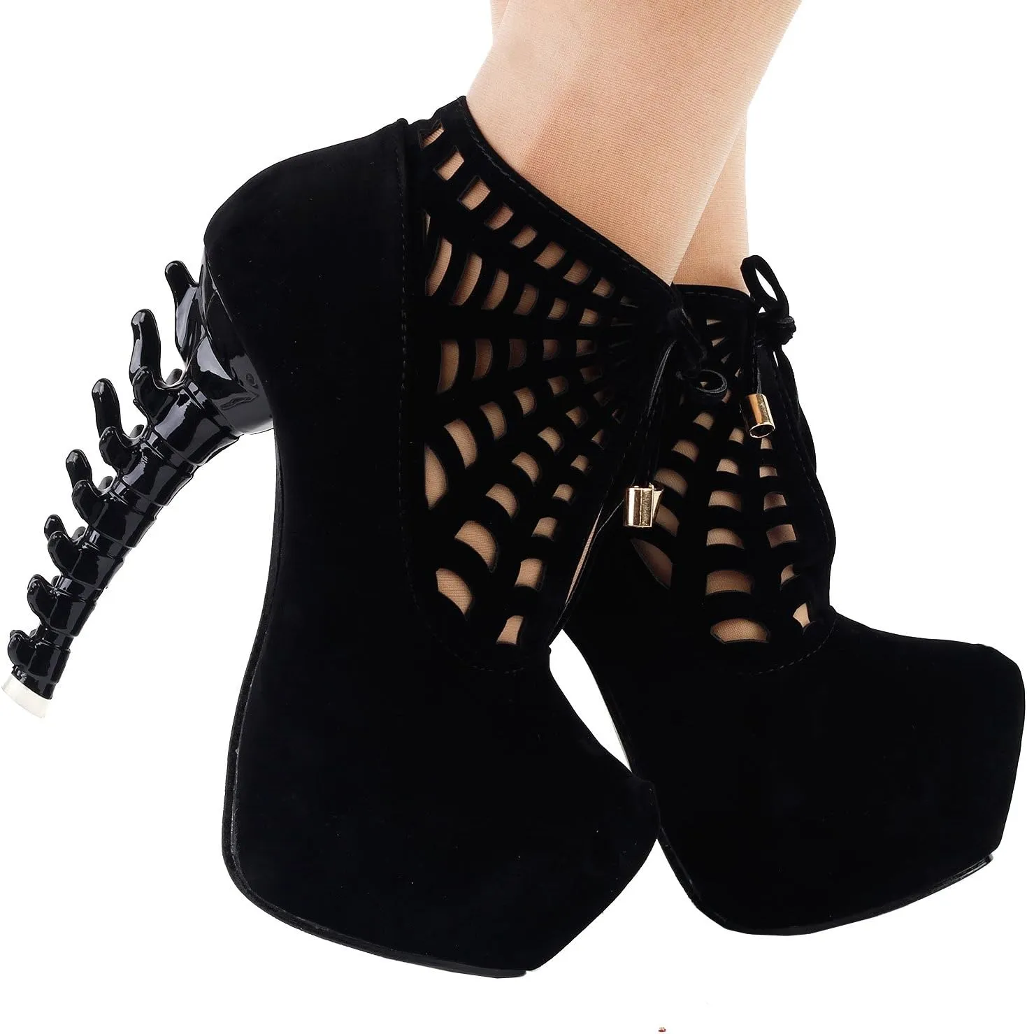 SHOW STORY Punk Black/Grey Spider Web Lace-Up Platform Bone Heel Ankle Boot Bootie,LF80643