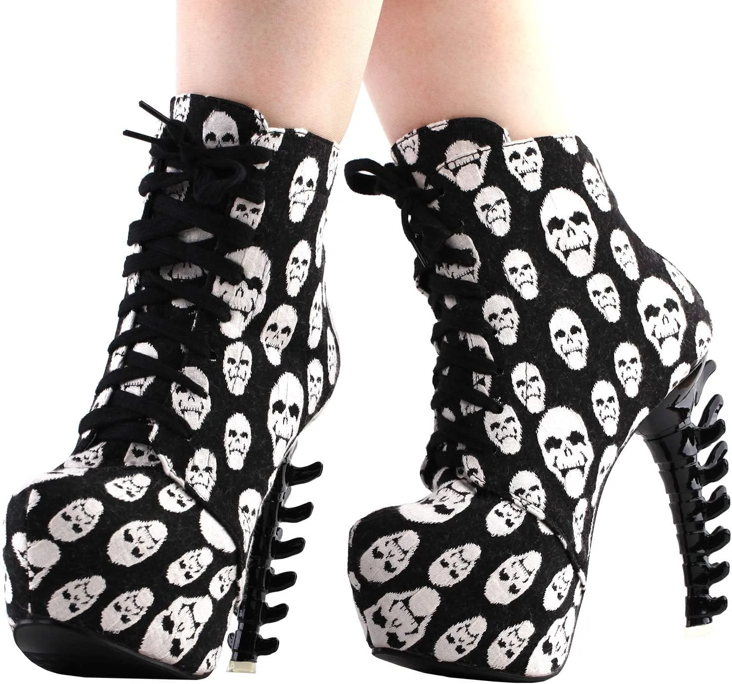 SHOW STORY Punk Lace Up Back Zip High-top Bone High Heel Platform Ankle Boots,LF80647