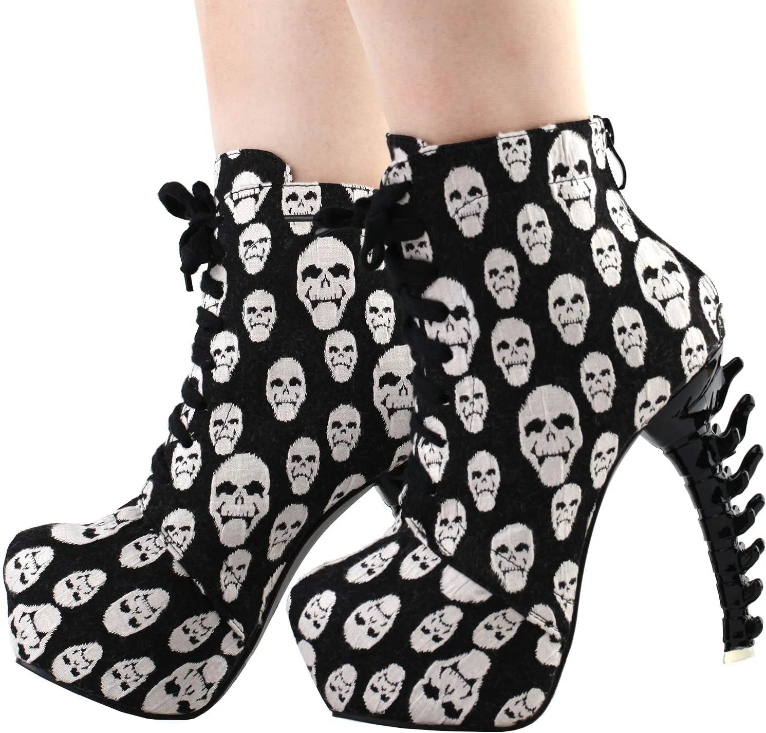 SHOW STORY Punk Lace Up Back Zip High-top Bone High Heel Platform Ankle Boots,LF80647