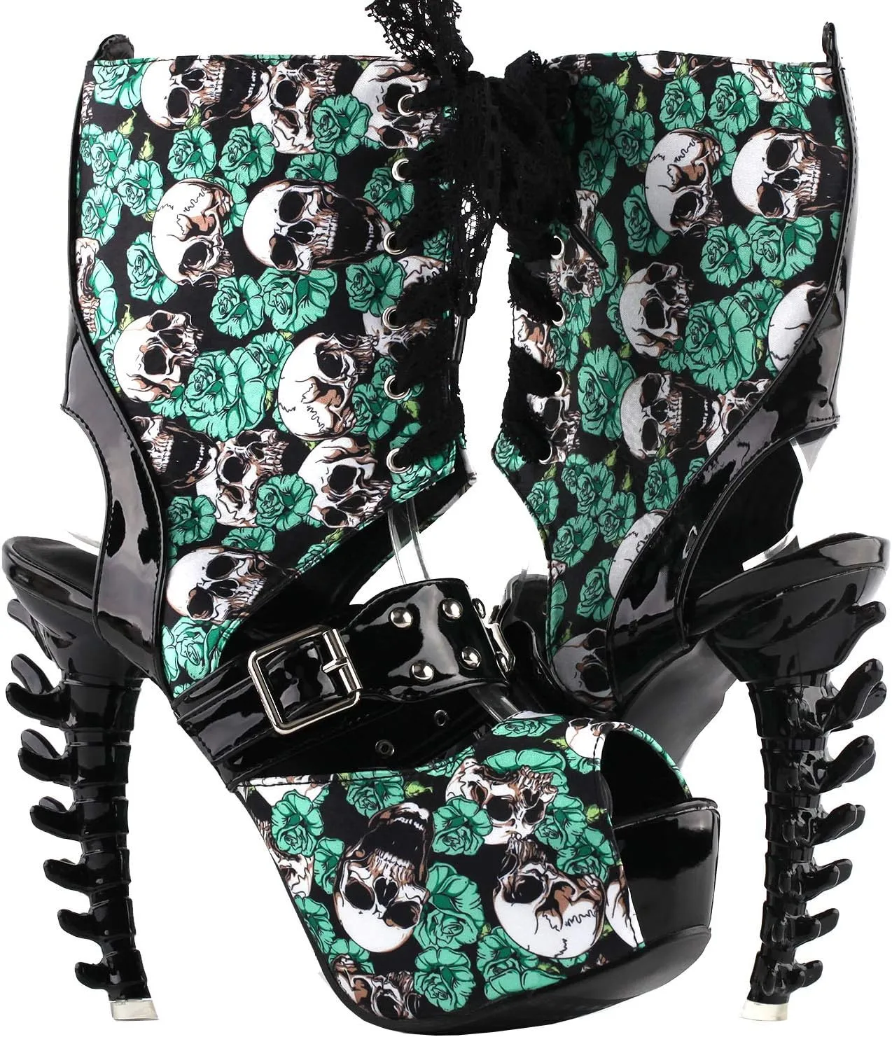 SHOW STORY Punk Skull Rose Print Stud Buckle Lace-UpPlatform Bone Heel Club Ankle Bootie Sandals,LF80663