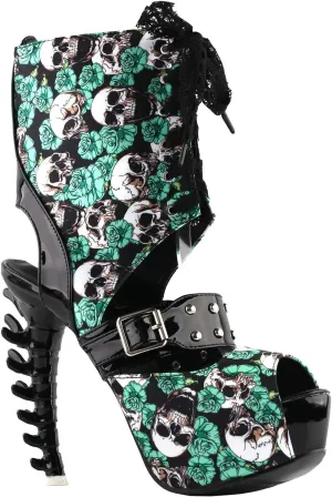 SHOW STORY Punk Skull Rose Print Stud Buckle Lace-UpPlatform Bone Heel Club Ankle Bootie Sandals,LF80663
