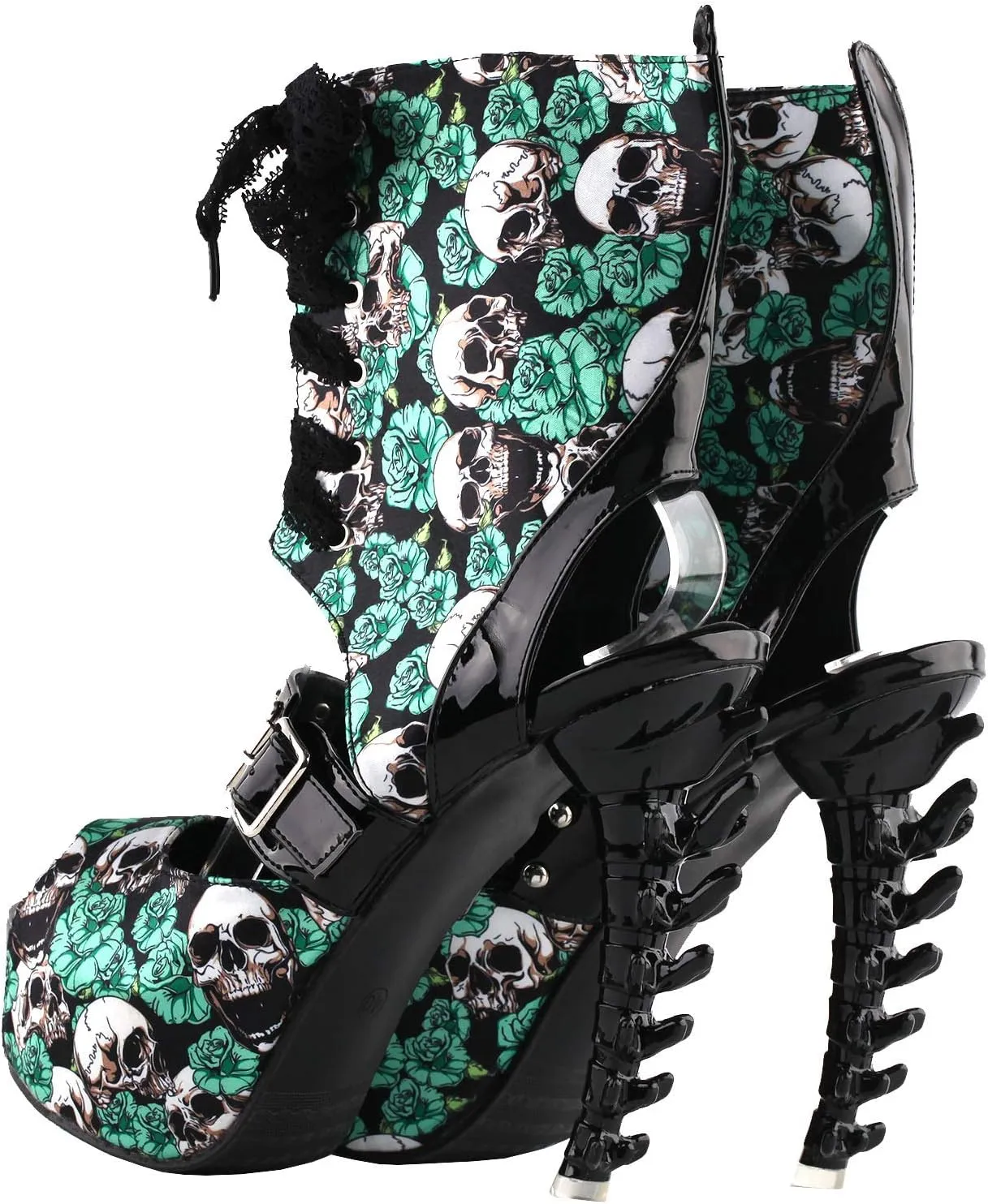 SHOW STORY Punk Skull Rose Print Stud Buckle Lace-UpPlatform Bone Heel Club Ankle Bootie Sandals,LF80663