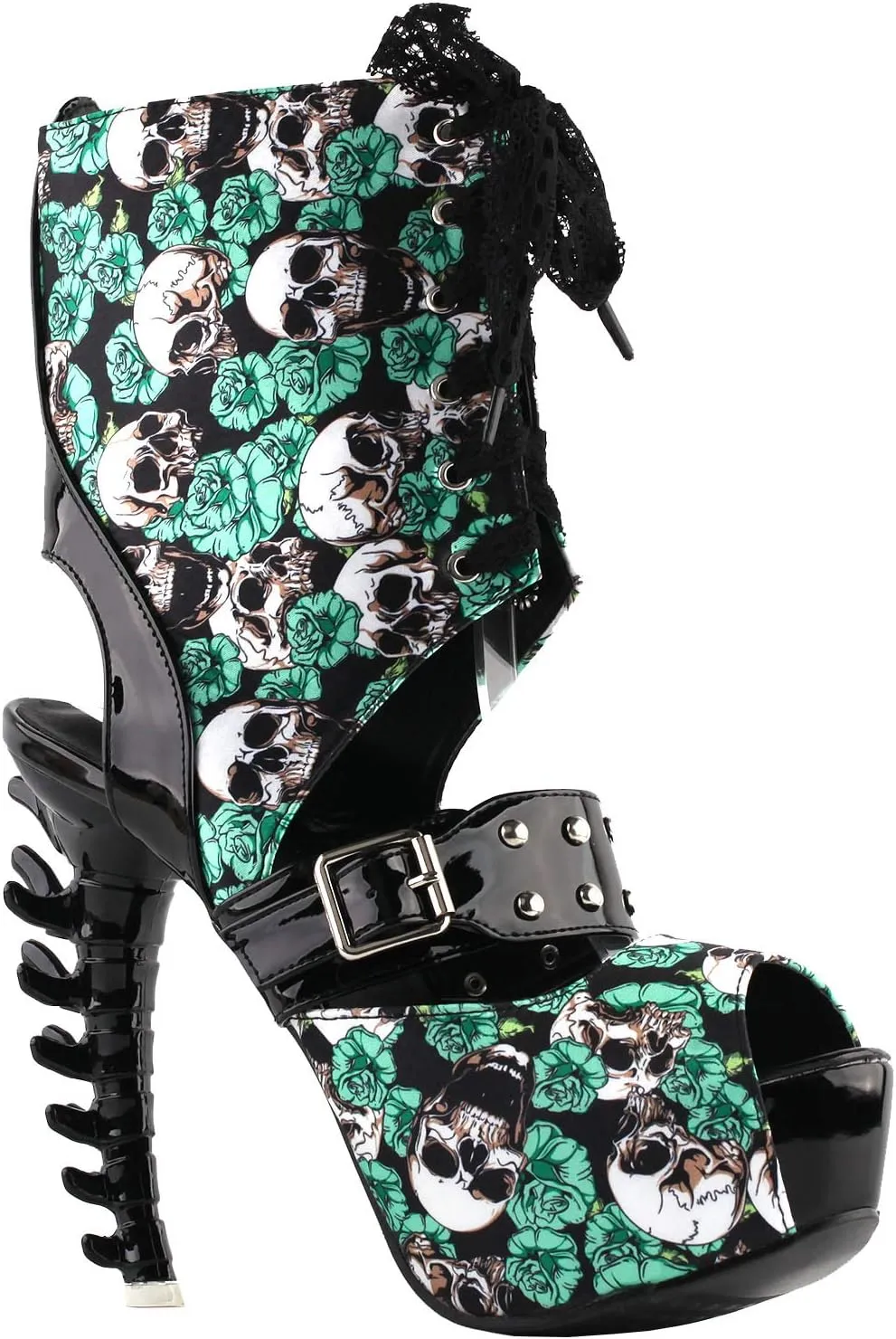 SHOW STORY Punk Skull Rose Print Stud Buckle Lace-UpPlatform Bone Heel Club Ankle Bootie Sandals,LF80663