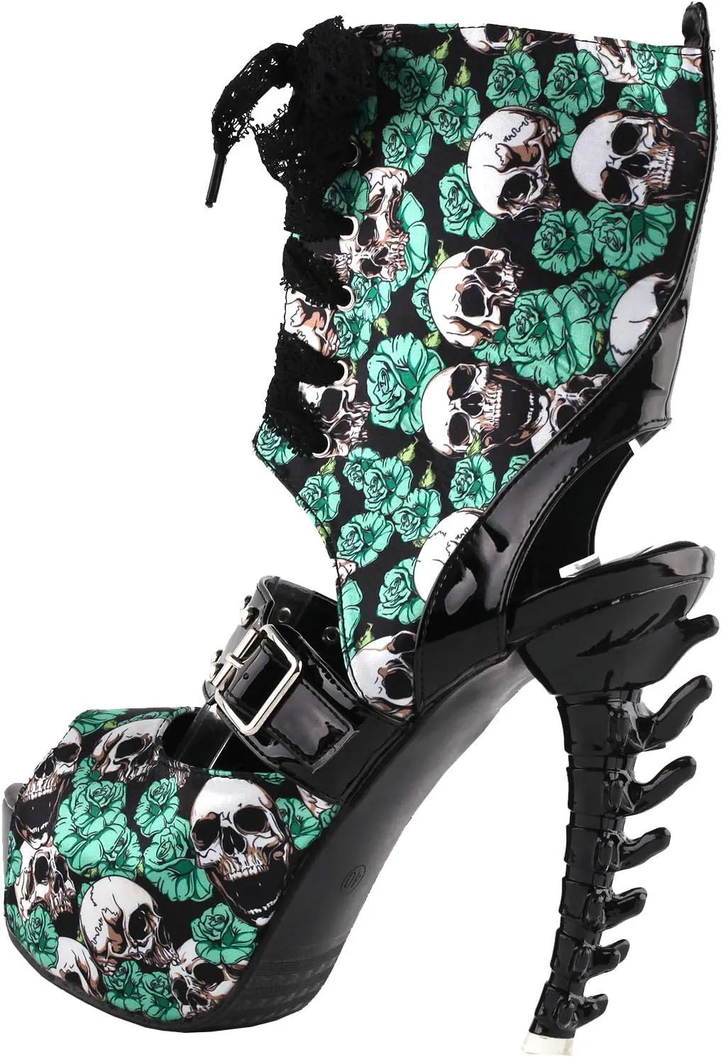 SHOW STORY Punk Skull Rose Print Stud Buckle Lace-UpPlatform Bone Heel Club Ankle Bootie Sandals,LF80663