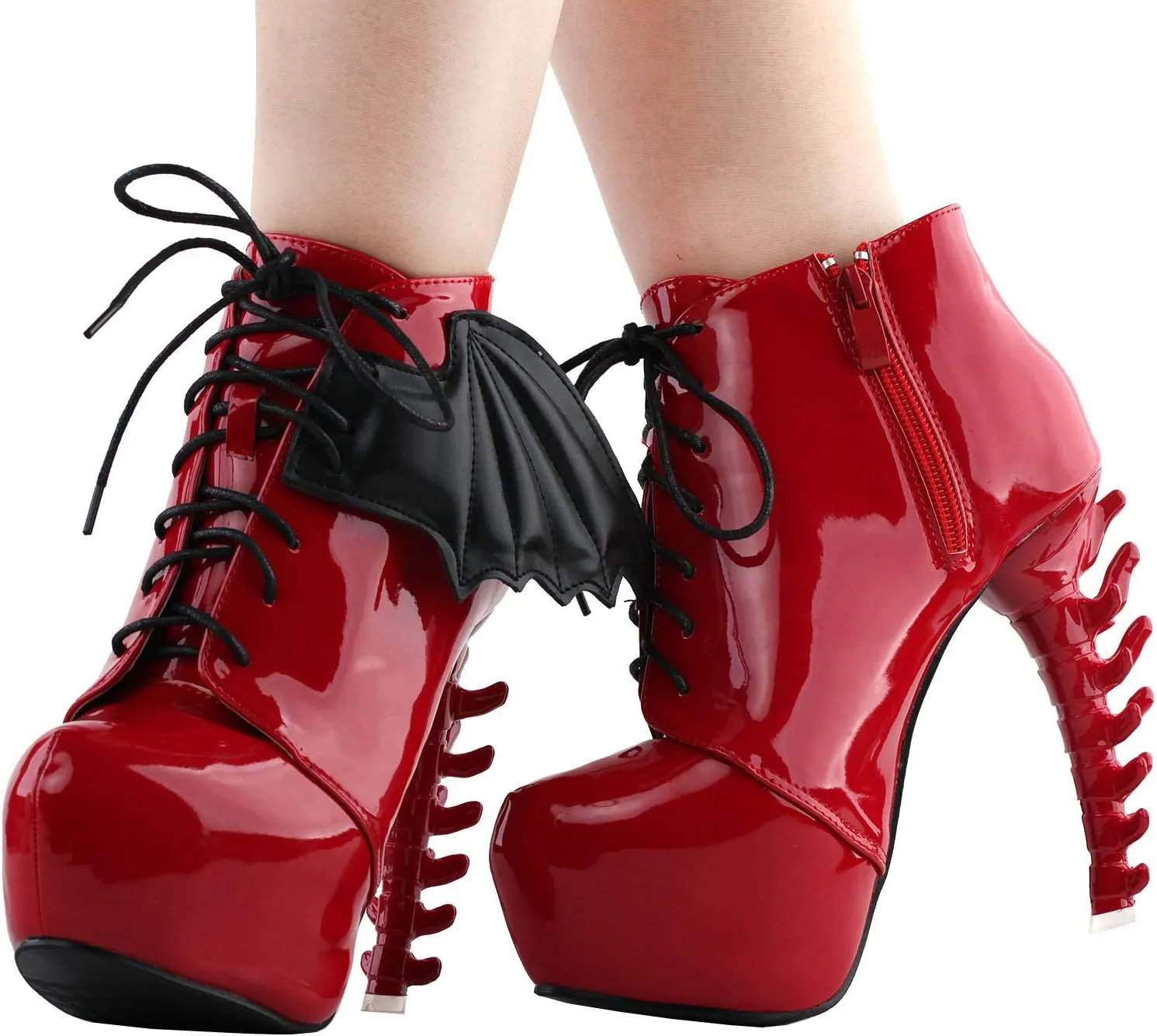 SHOW STORY Punk Two Tone Wings Lace Up Bone Heels Platform Ankle Boots,LF80658