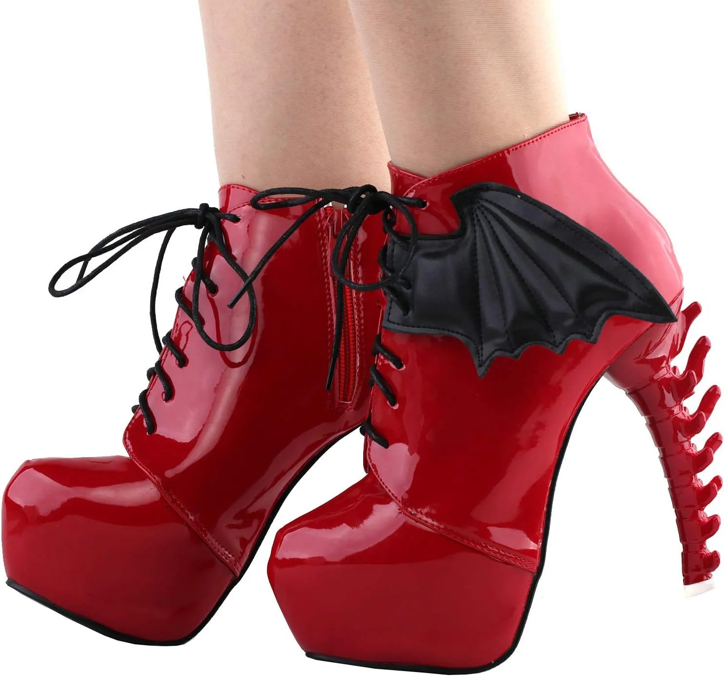 SHOW STORY Punk Two Tone Wings Lace Up Bone Heels Platform Ankle Boots,LF80658