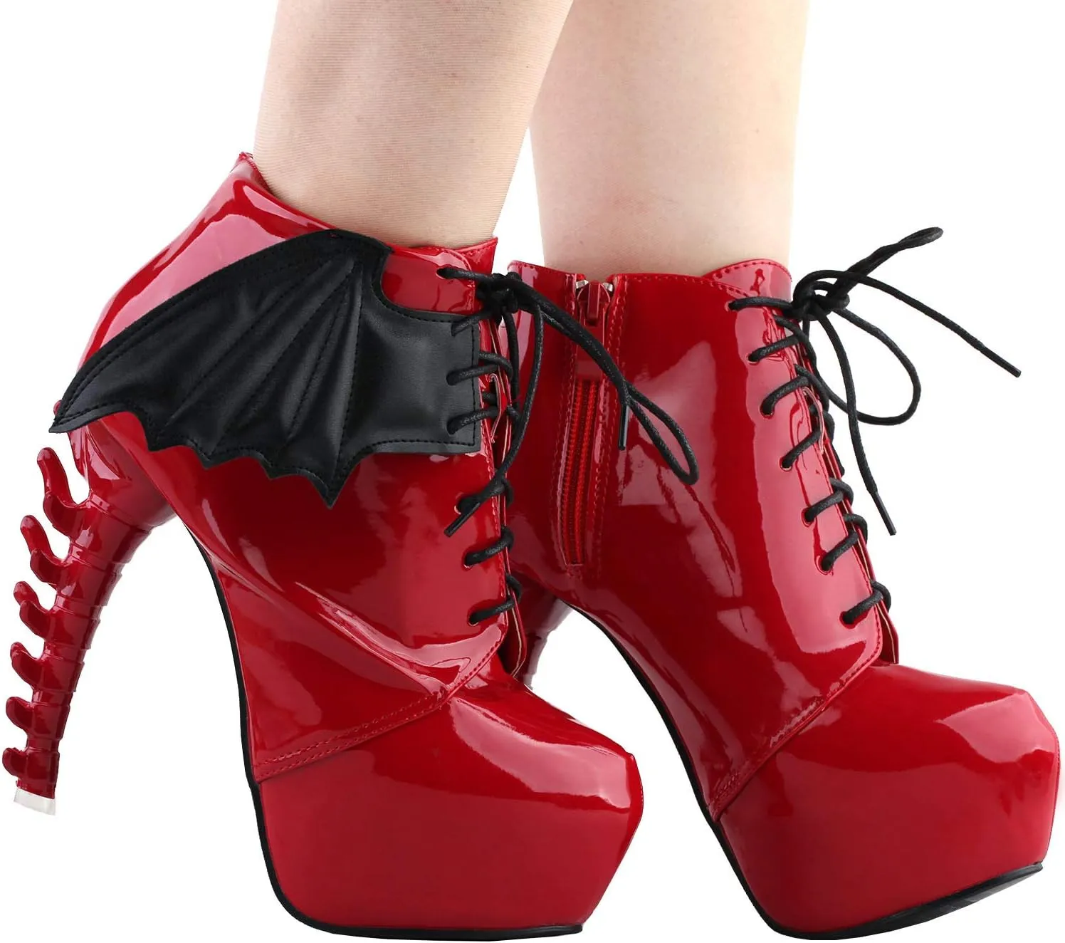 SHOW STORY Punk Two Tone Wings Lace Up Bone Heels Platform Ankle Boots,LF80658