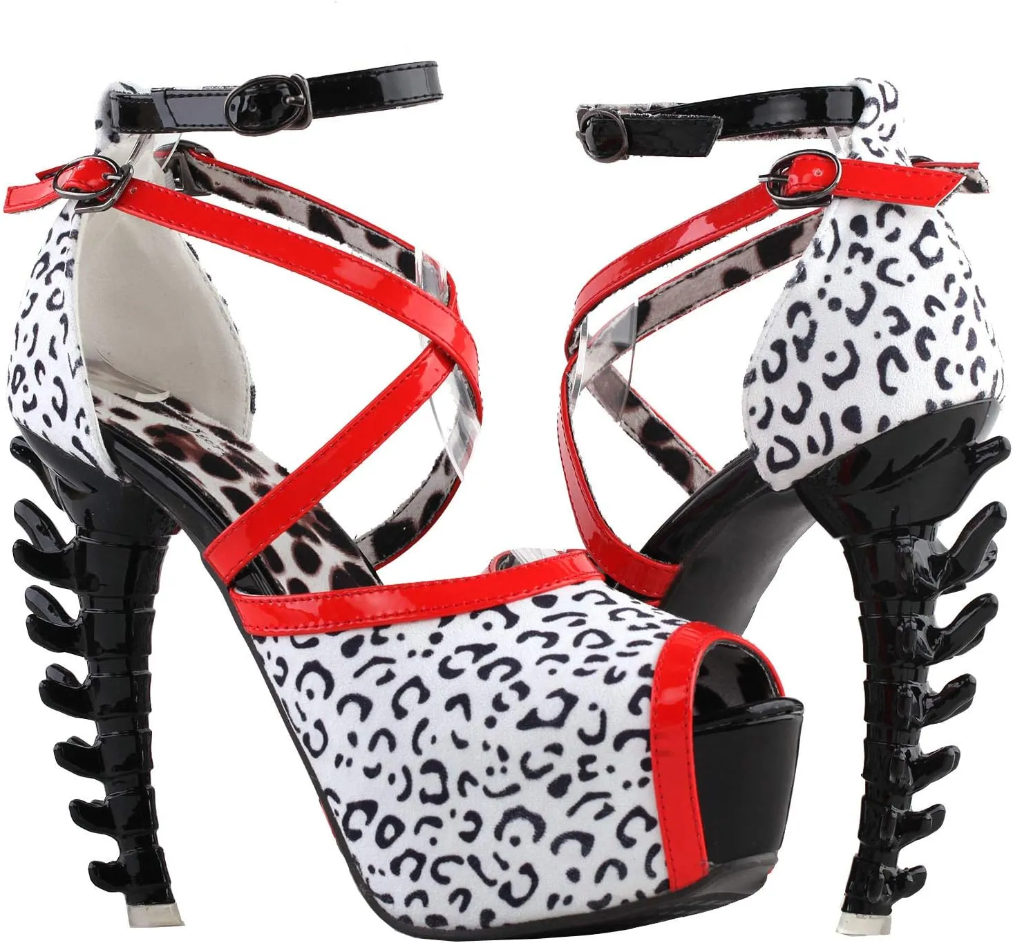 SHOW STORY Retro Black White Red Strappy Leopard Print Gladiator Platform Bone Heels Sandals,LF80708