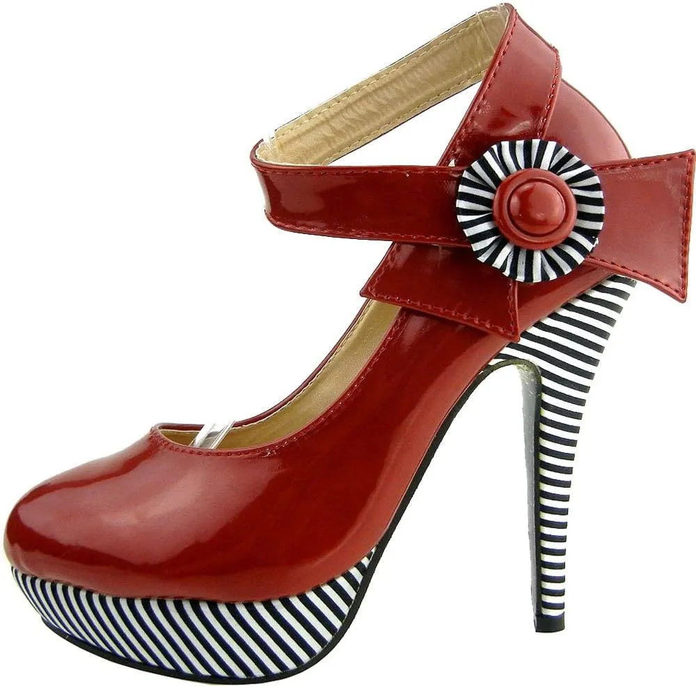 SHOW STORY Sexy Flower Ankle Strap Stripe Stiletto Platform Pumps Shoes,LF30404