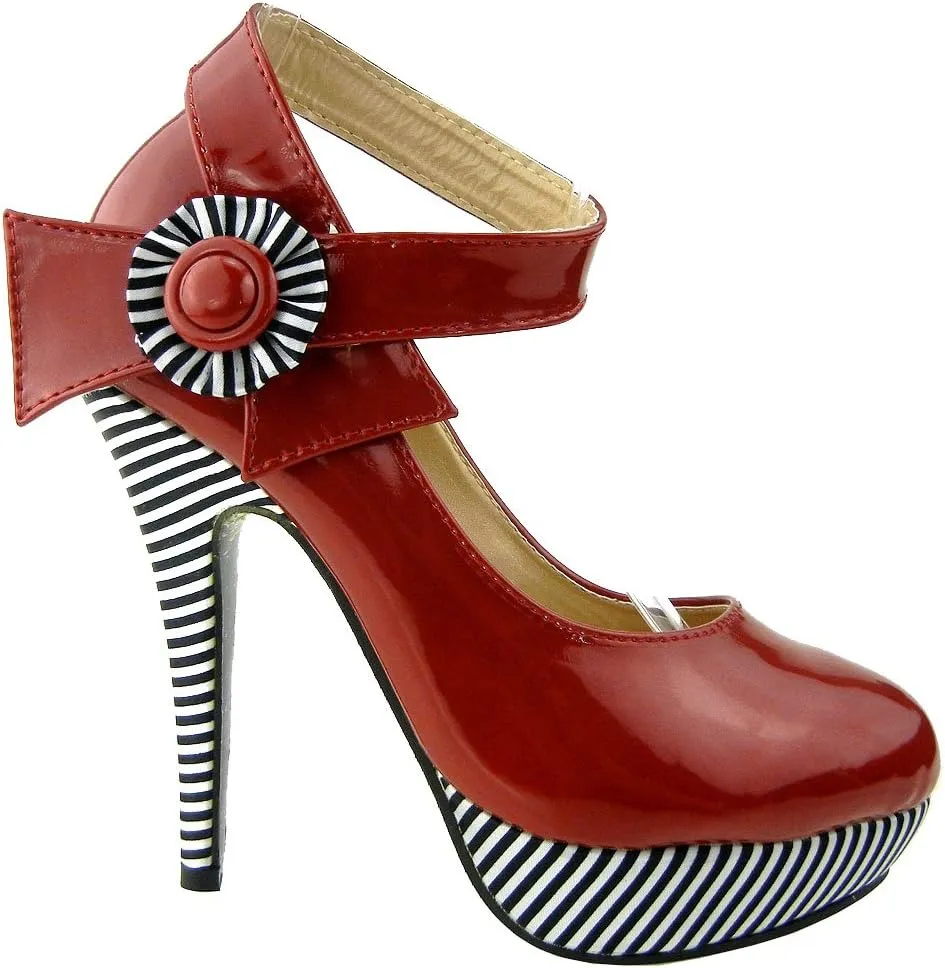 SHOW STORY Sexy Flower Ankle Strap Stripe Stiletto Platform Pumps Shoes,LF30404
