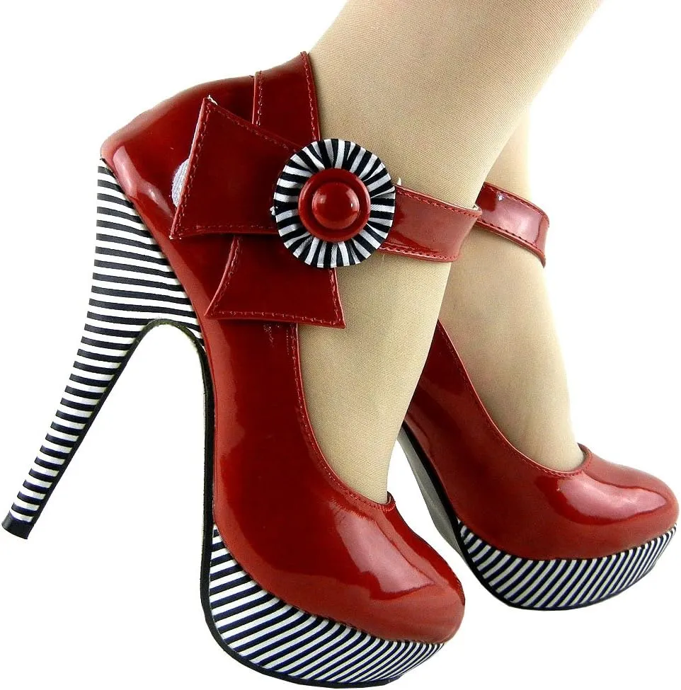 SHOW STORY Sexy Flower Ankle Strap Stripe Stiletto Platform Pumps Shoes,LF30404