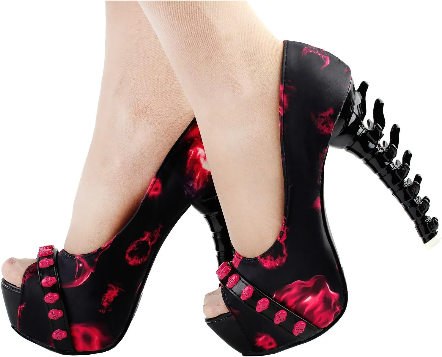 SHOW STORY Skull Rose Print Peeptoe Platform Bone Heel Party Club Pumps,LF80629