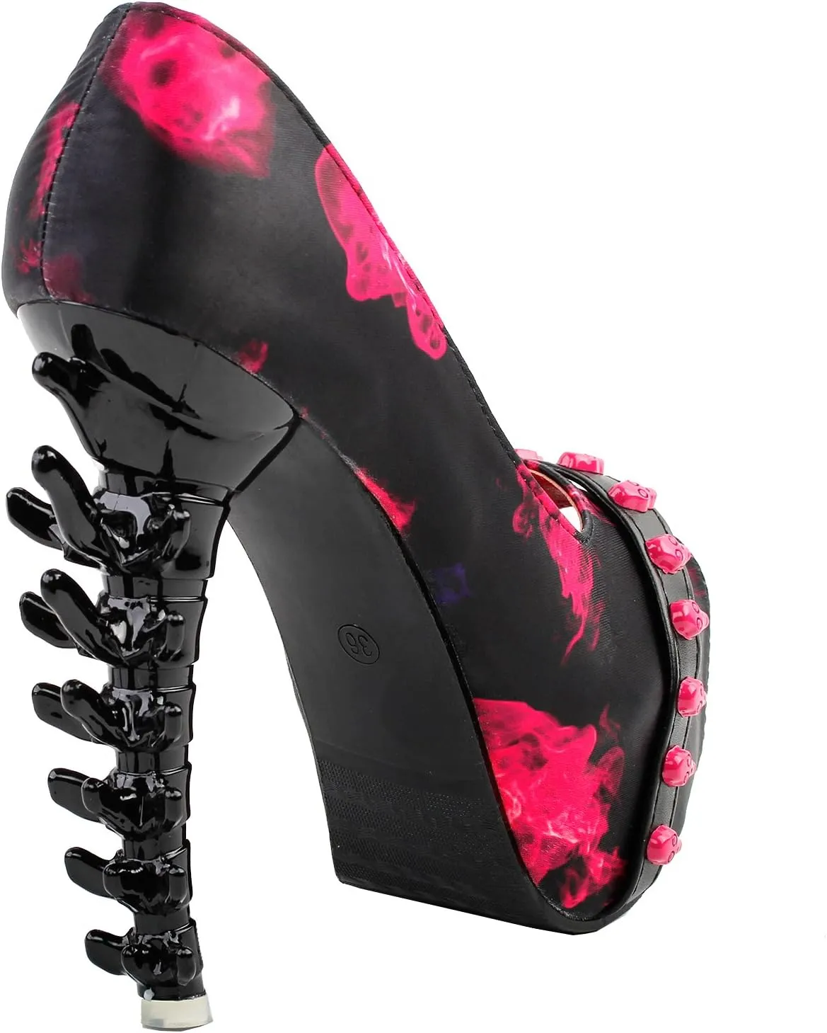 SHOW STORY Skull Rose Print Peeptoe Platform Bone Heel Party Club Pumps,LF80629