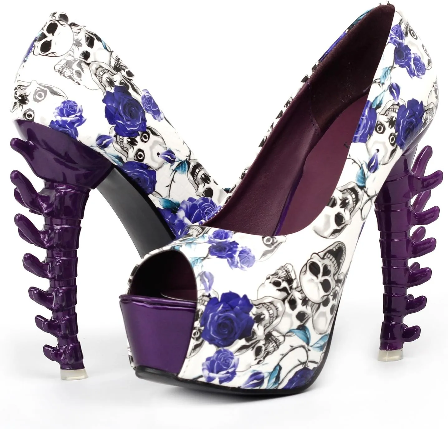 SHOW STORY Skull Rose Print Peeptoe Platform Bone Heel Party Club Pumps,LF80629