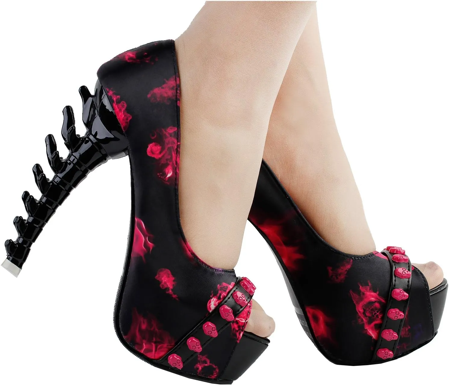 SHOW STORY Skull Rose Print Peeptoe Platform Bone Heel Party Club Pumps,LF80629