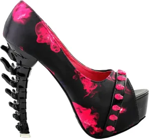SHOW STORY Skull Rose Print Peeptoe Platform Bone Heel Party Club Pumps,LF80629