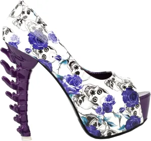 SHOW STORY Skull Rose Print Peeptoe Platform Bone Heel Party Club Pumps,LF80629