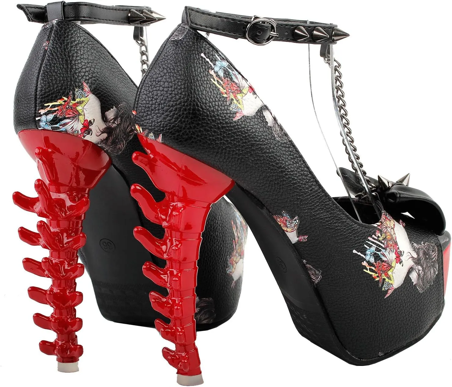 SHOW STORY White Woman Sexy Women Butterfly Print Studs Chain Peeptoe Platform Bone Heel Pumps,LF80631