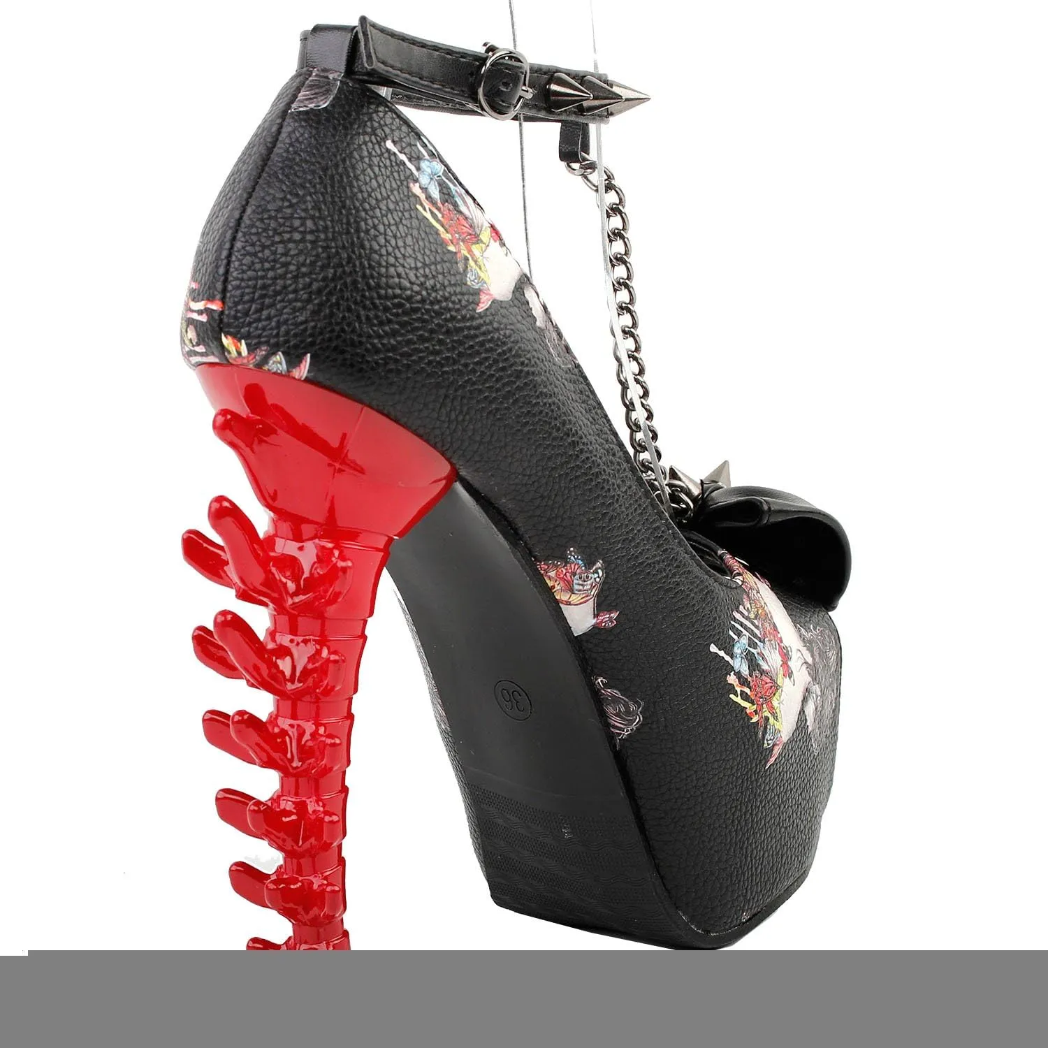 SHOW STORY White Woman Sexy Women Butterfly Print Studs Chain Peeptoe Platform Bone Heel Pumps,LF80631