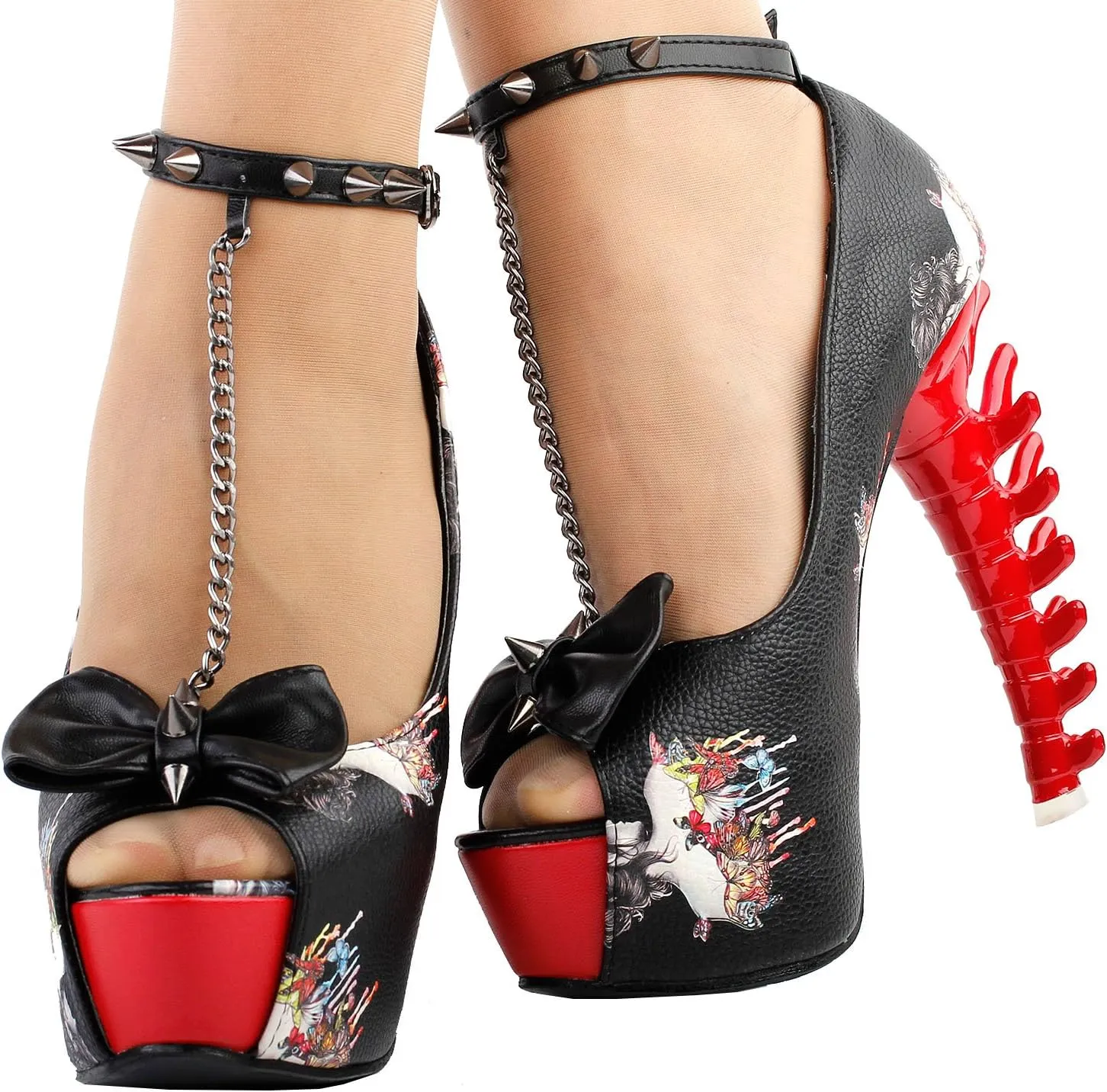 SHOW STORY White Woman Sexy Women Butterfly Print Studs Chain Peeptoe Platform Bone Heel Pumps,LF80631