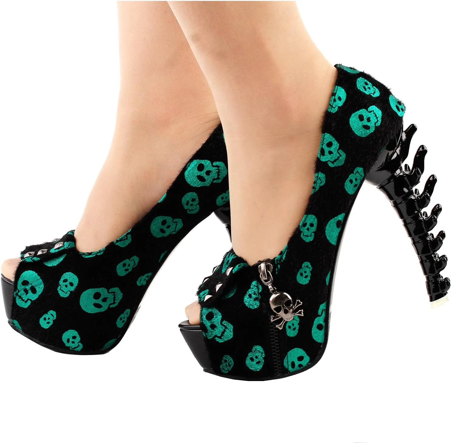 SHOW STORY Womens Skull Zipper Peeptoe Platform Bone Heel Club Pumps,LF80624