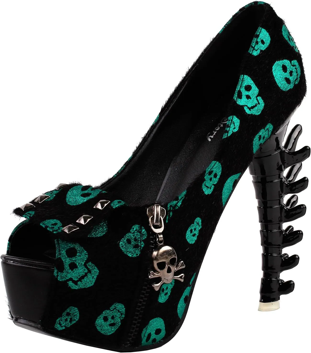 SHOW STORY Womens Skull Zipper Peeptoe Platform Bone Heel Club Pumps,LF80624