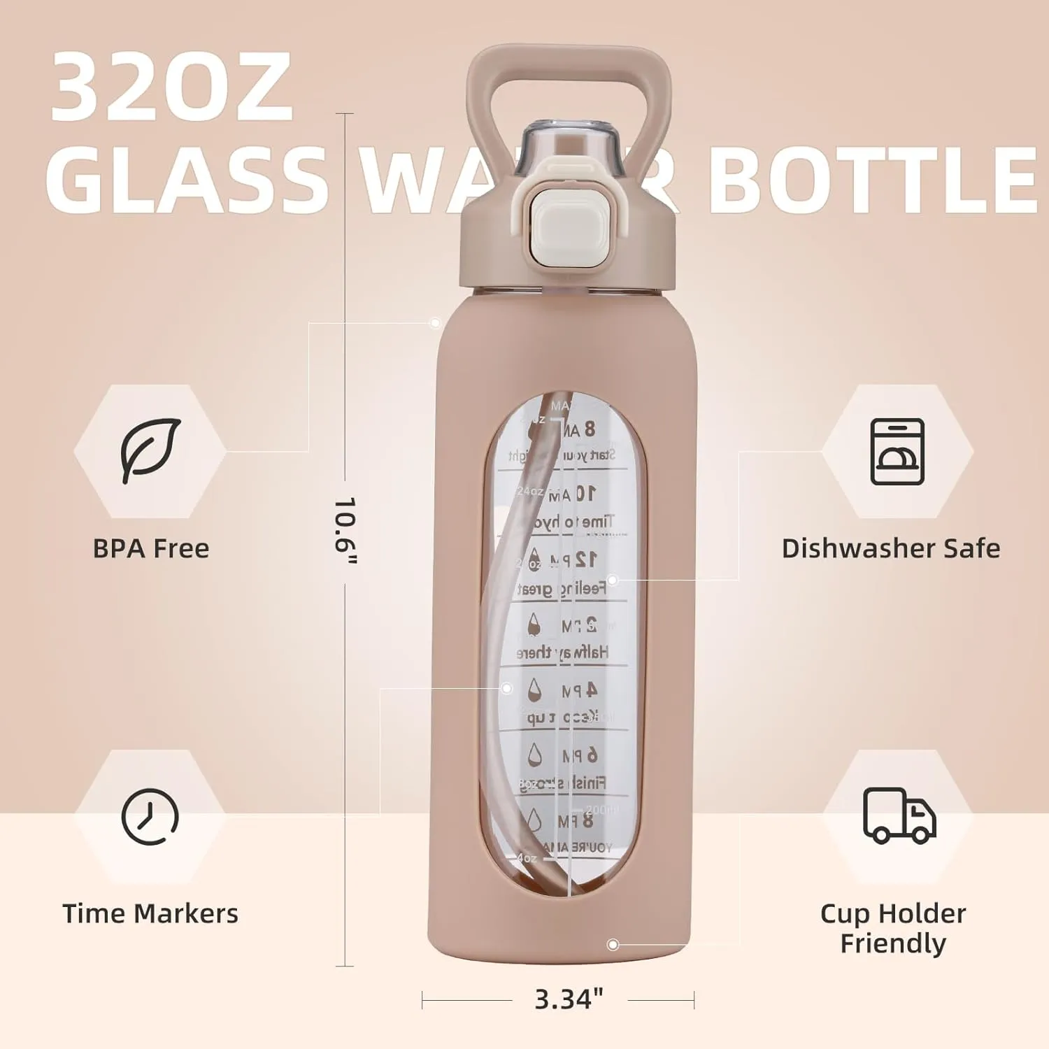 SIEROZUR 32 oz Glass Water Bottle with Straw and Handle, Leakproof Motivational Sports Glass Bottle with Time Marker, Water Jug with Silicone Sleeve for Gym, Travel, Workout, Amber
