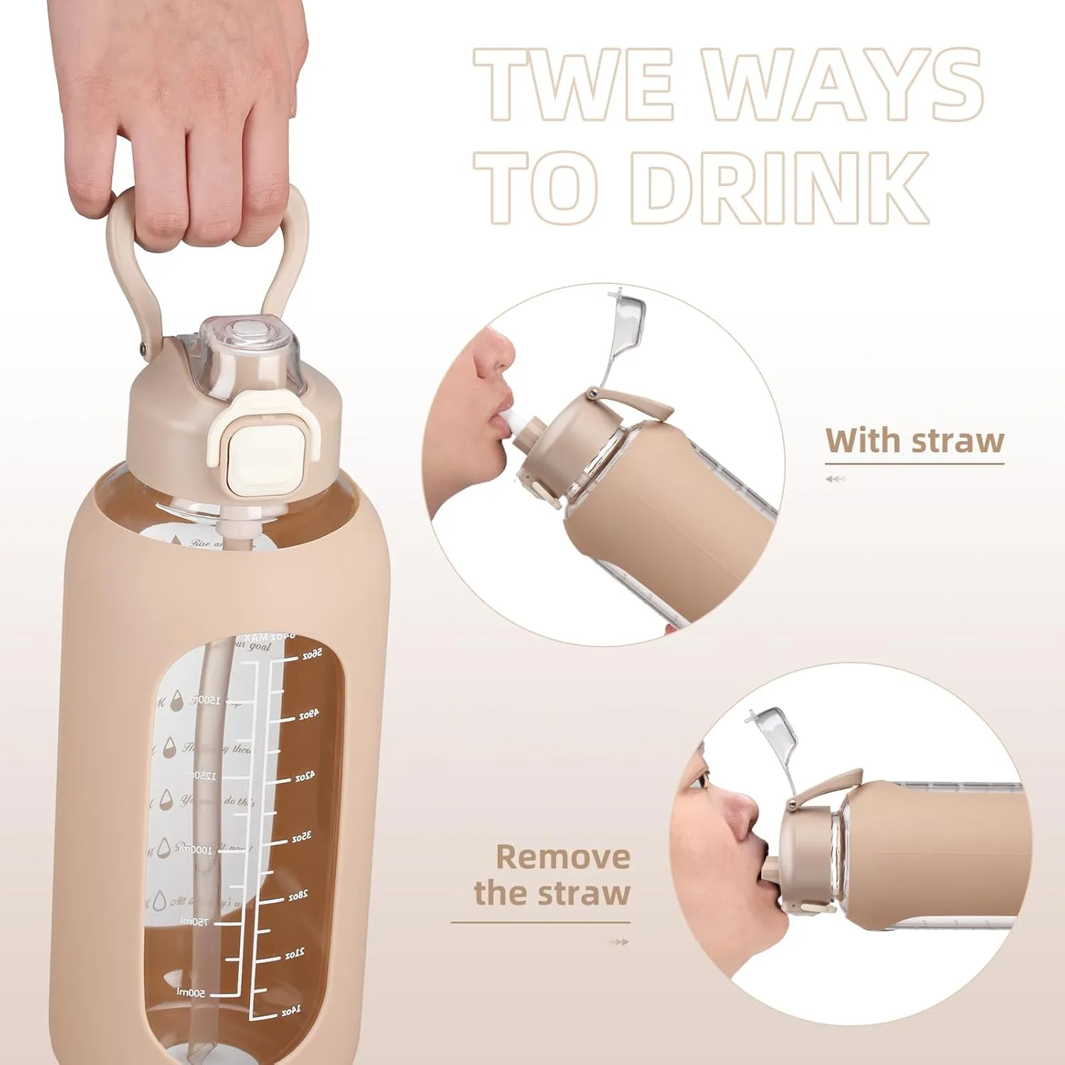 SIEROZUR 32 oz Glass Water Bottle with Straw and Handle, Leakproof Motivational Sports Glass Bottle with Time Marker, Water Jug with Silicone Sleeve for Gym, Travel, Workout, Amber